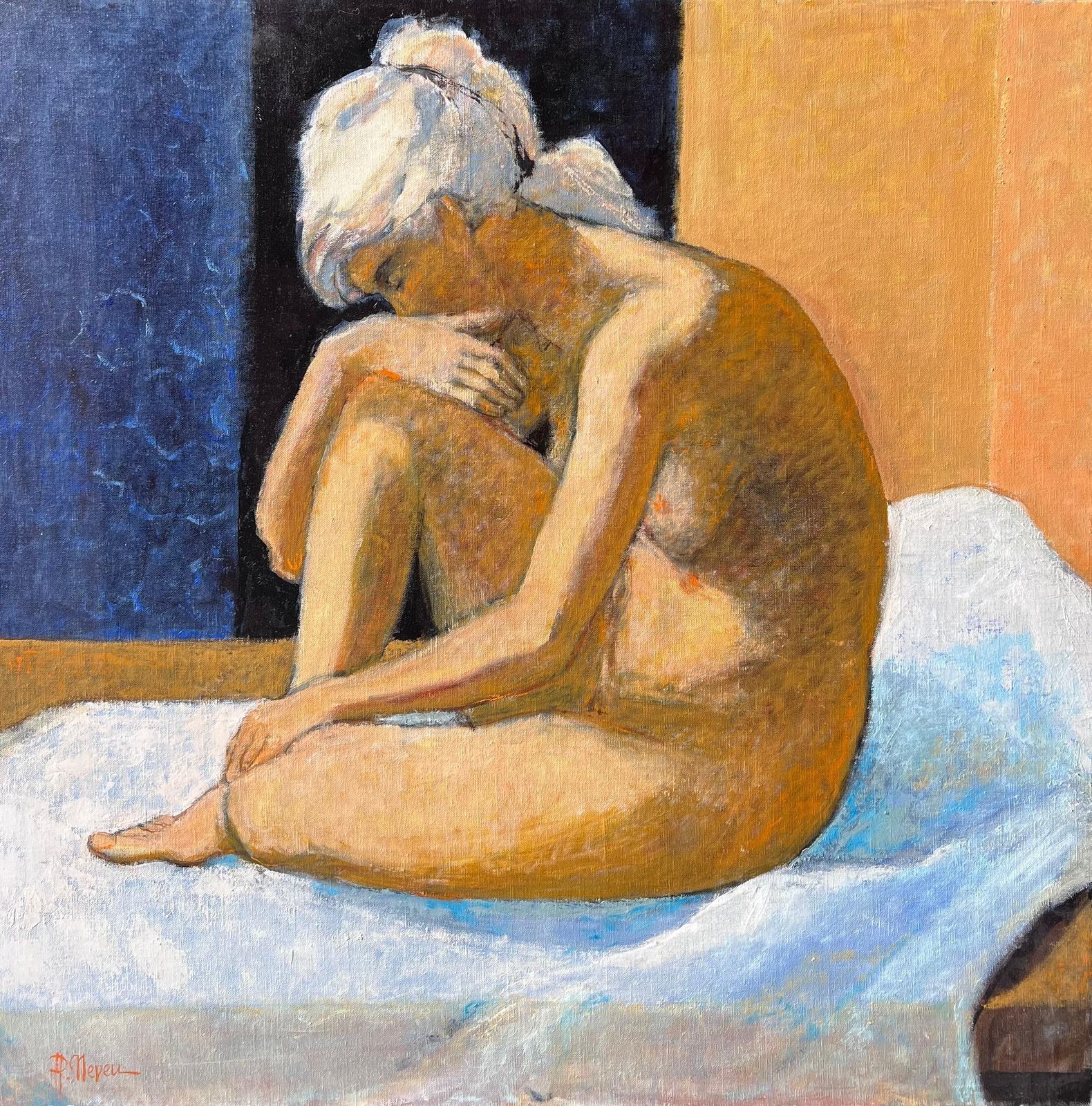 Pierre Neveularge Contemporary French Post Impressionist Oil Painting Nude Woman On Bed