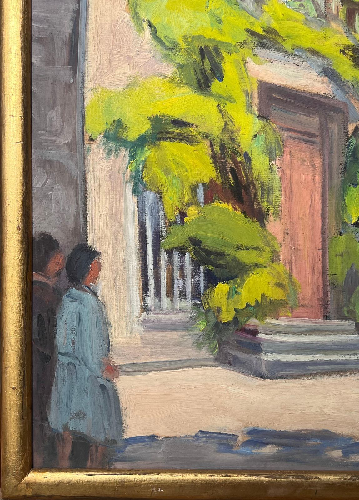 Mid Century French1950's French Signed Oil Painting Figures Outside Old Convent Doorway Lush Green1952 photo Art