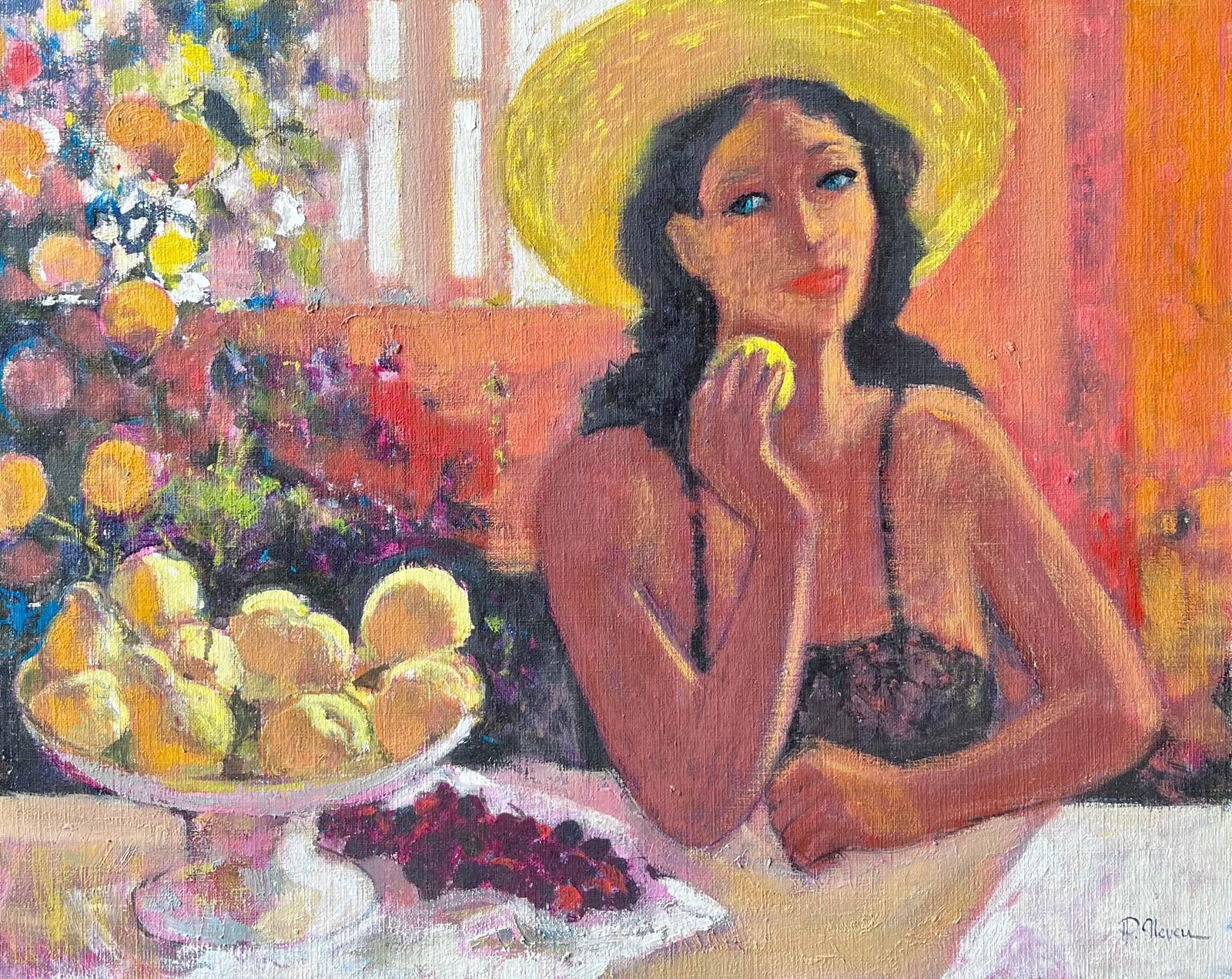 Pierre Neveufrench Post Impressionist Oil Painting Lady With Hat Eating Fruit At Table