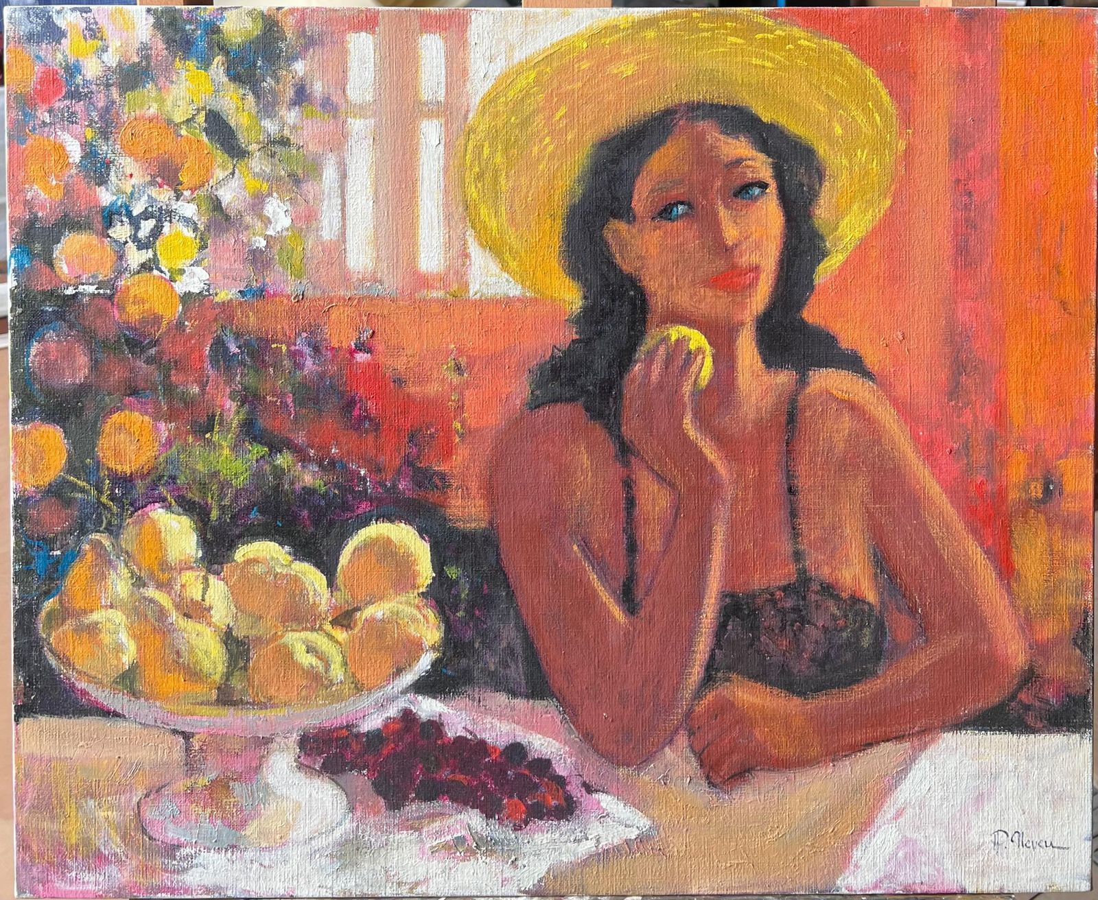 Pierre Neveufrench Post Impressionist Oil Painting Lady With Hat Eating Fruit At Table photo furniture