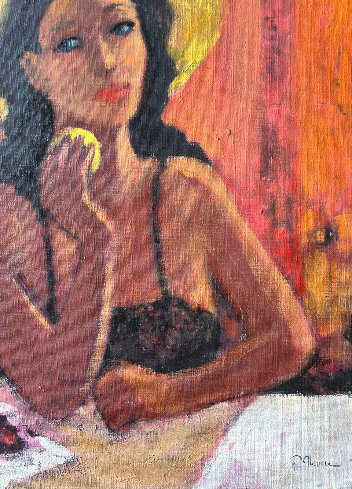 Pierre Neveufrench Post Impressionist Oil Painting Lady With Hat Eating Fruit At Table photo 1476.0