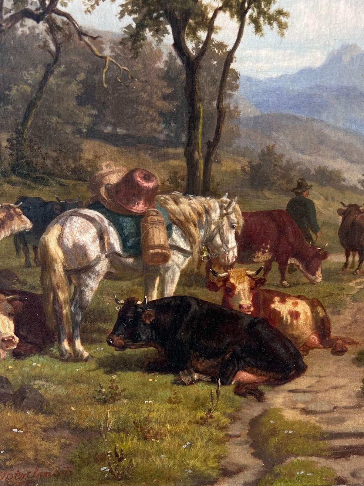 Eduard Gotzelmannfine 19th Century Large Austrian Signed Oil Painting Cattle & Horses Pastoral1887 photo furniture