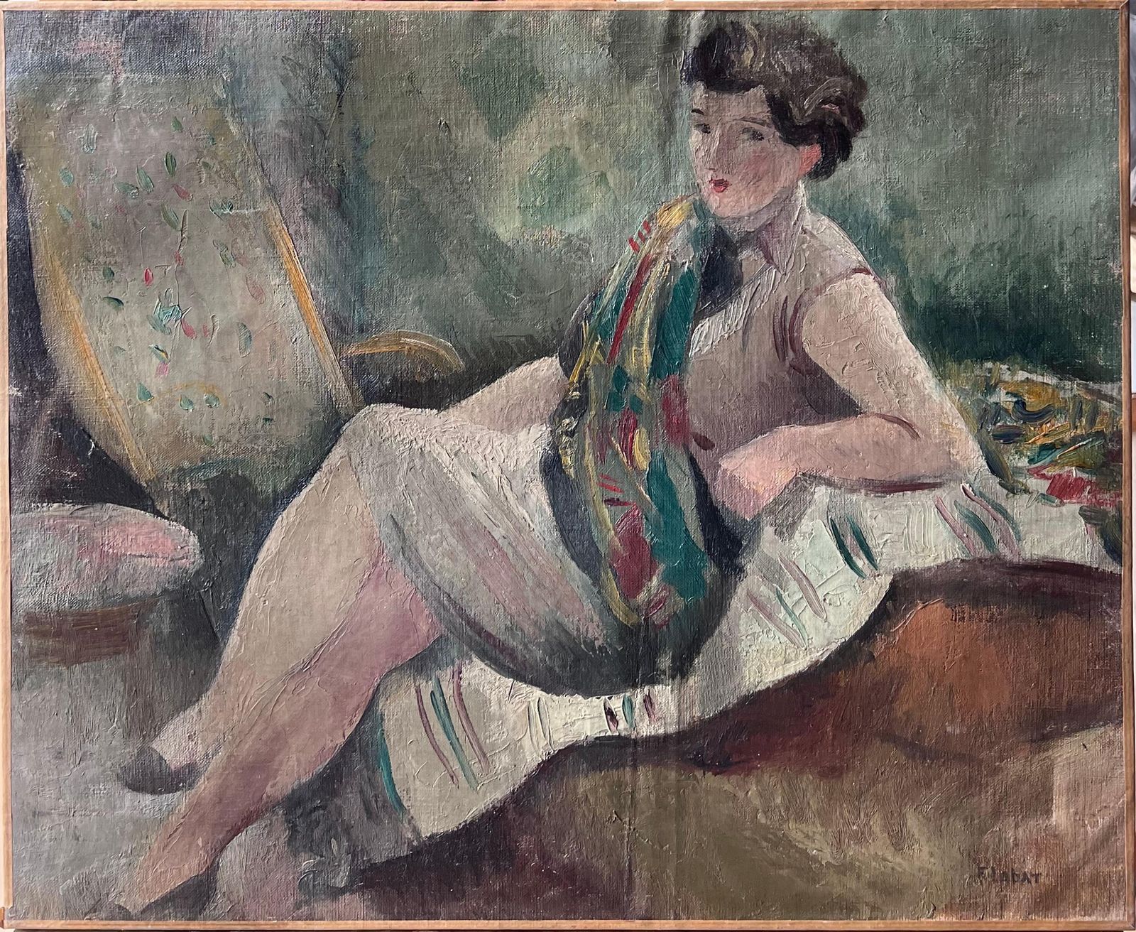 Antique French1930's French Post Impressionist Signed Portrait Lady Artists Studio Interior photo for sale