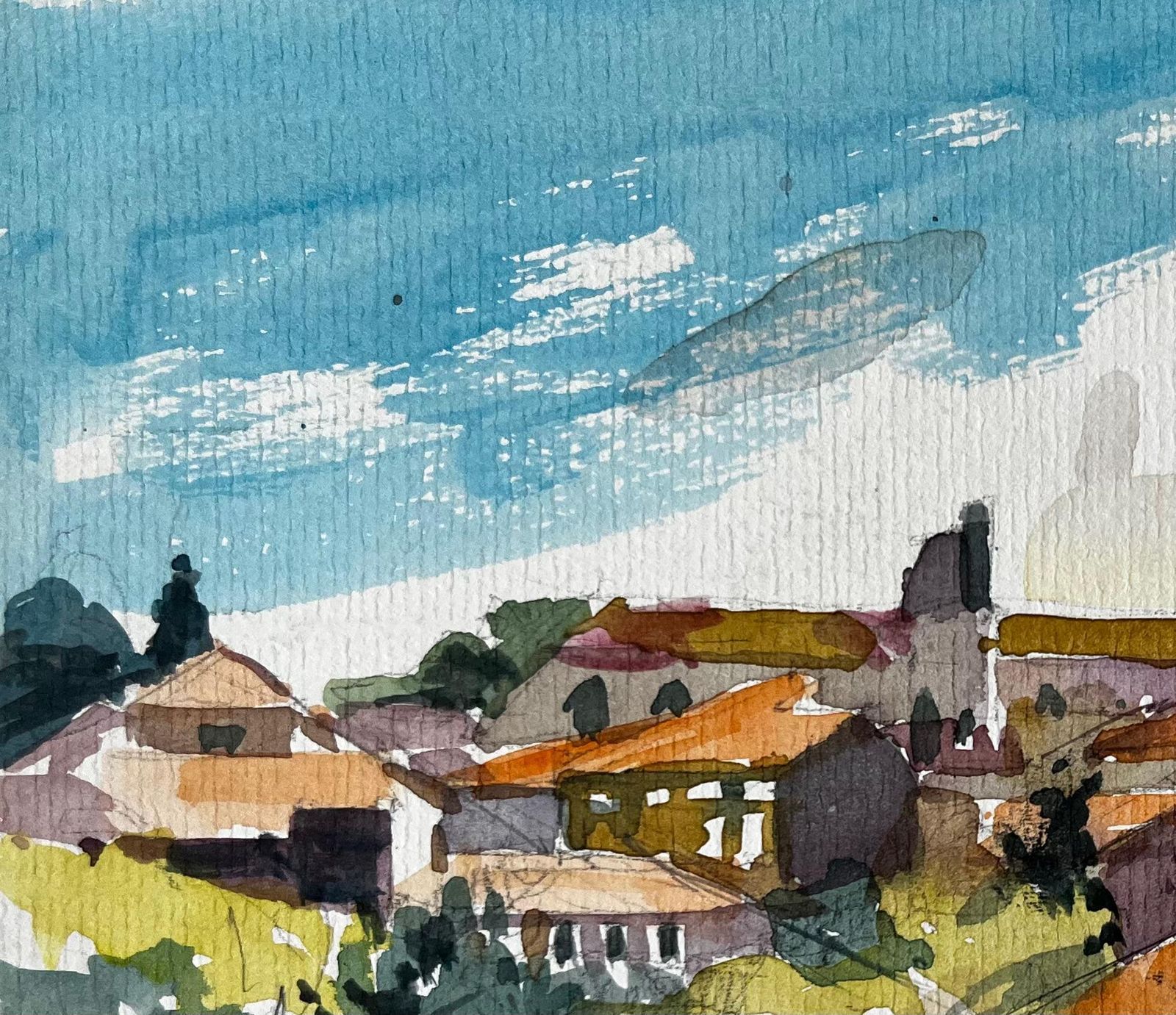 Pierre Neveuhilltop Village With Church Tower And Red Tiled Roofs Provence Watercolour photo vinterior