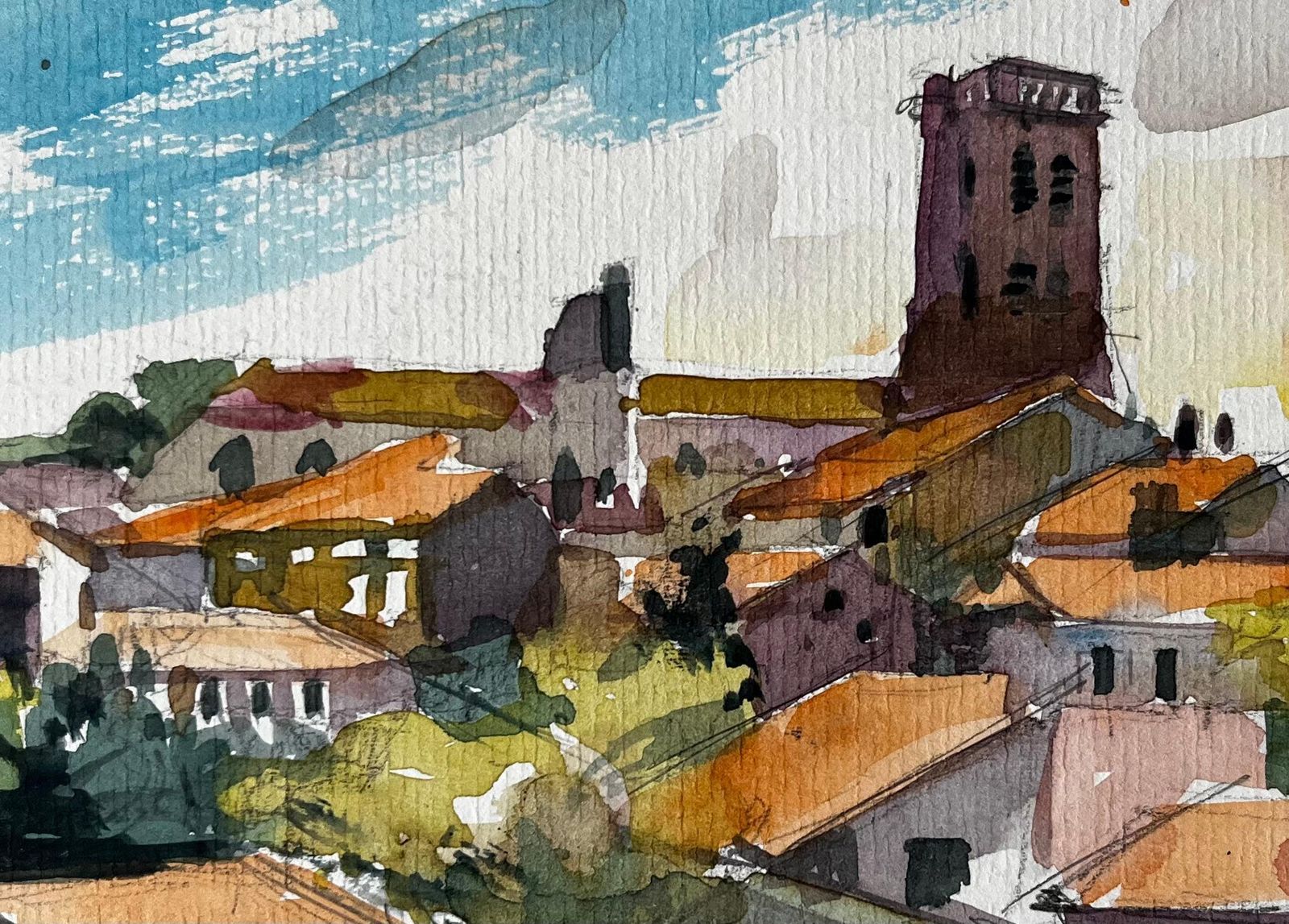 Pierre Neveuhilltop Village With Church Tower And Red Tiled Roofs Provence Watercolour photo buy