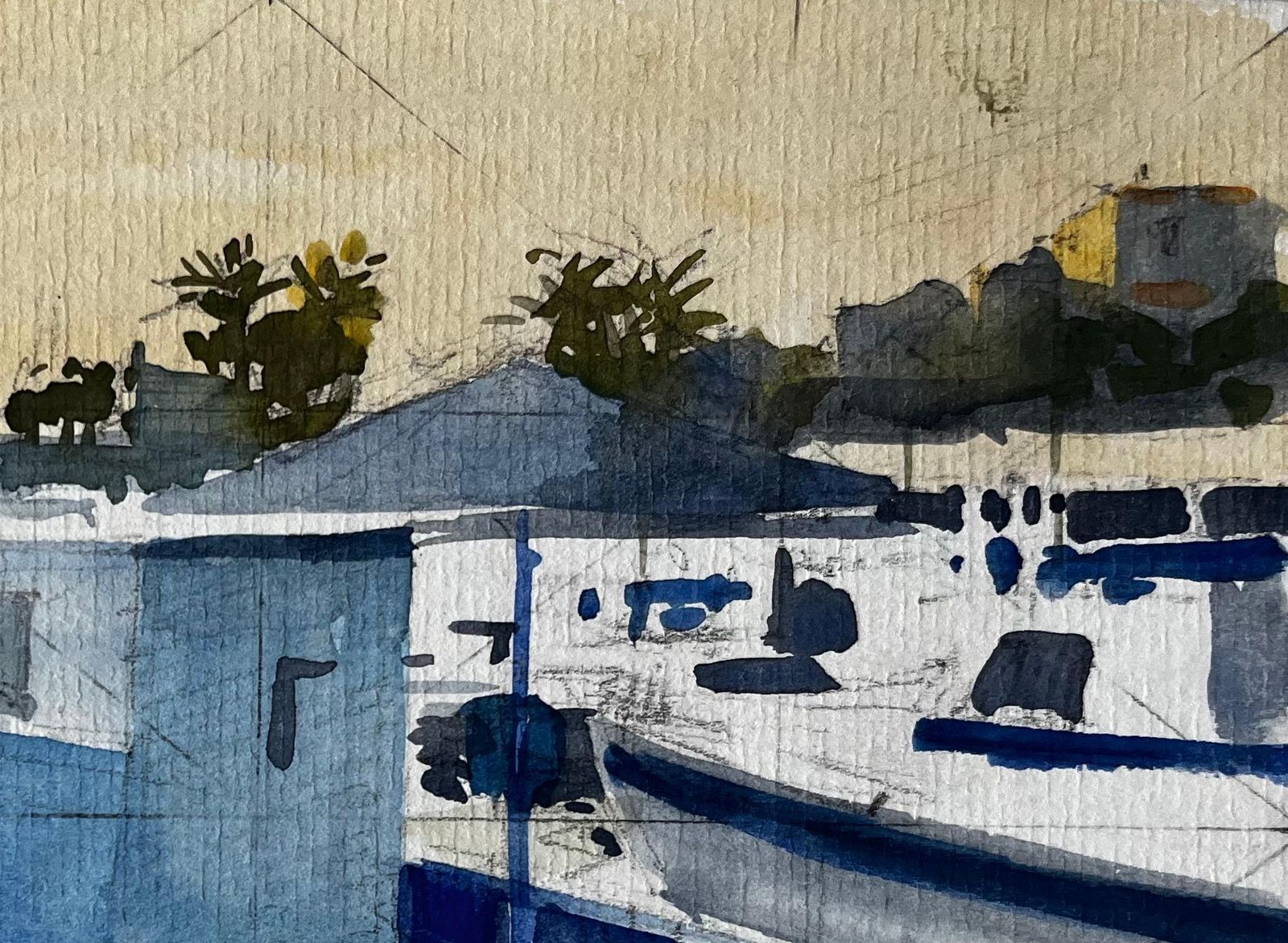Pierre Neveumenton Harbour Scene With Blue Fishing Boats Under Morning Light Watercolour photo Art