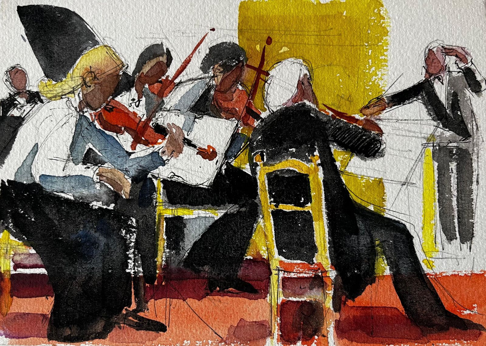 Pierre Neveuthe Orchestra Musicians Performing Violin Ensemble Scene Watercolour Painting