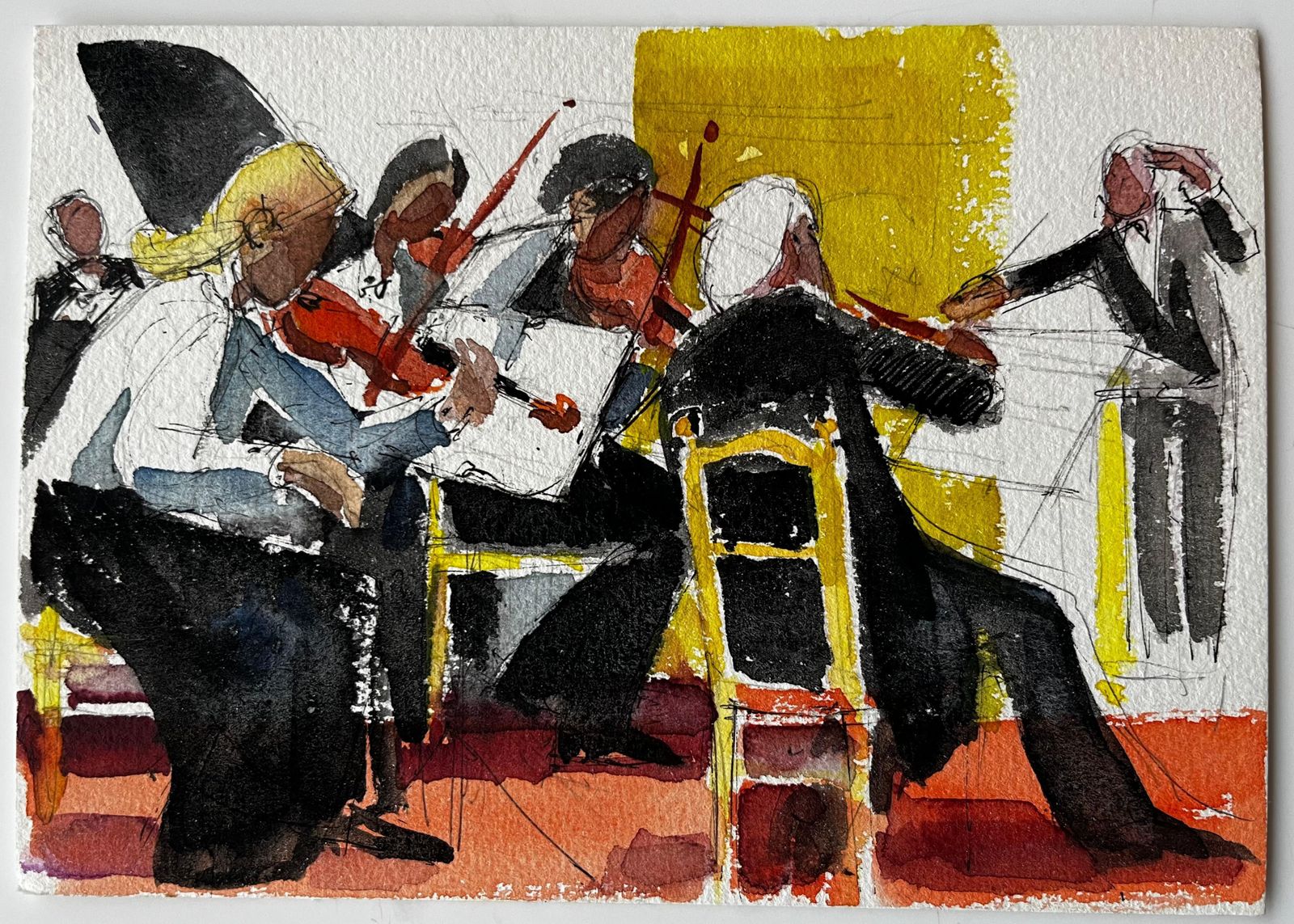 Pierre Neveuthe Orchestra Musicians Performing Violin Ensemble Scene Watercolour Painting photo for sale