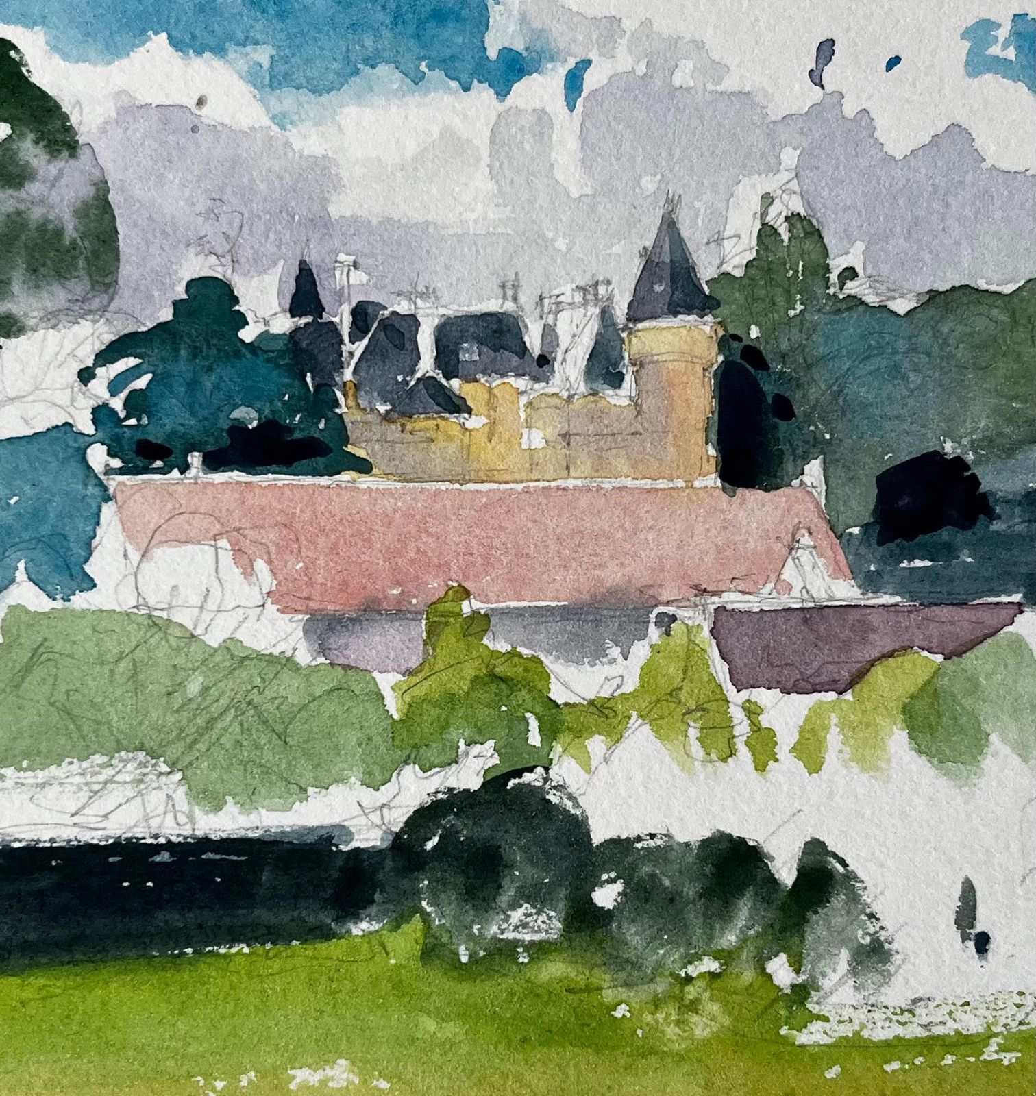 Pierre Neveufrench Château Landscape Study With Trees And Red Roofs Countryside Watercolour photo buy