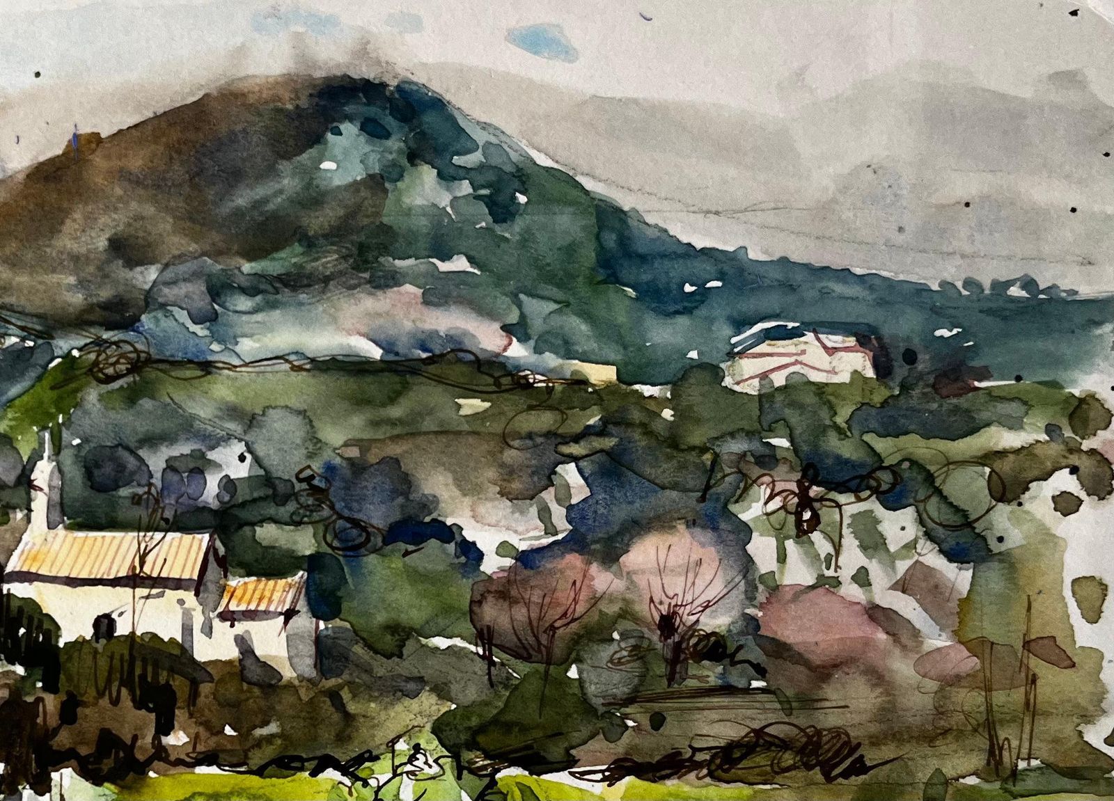 Pierre Neveufrench Countryside Watercolour Landscape With Distant Hill And Farmhouse photo for sale