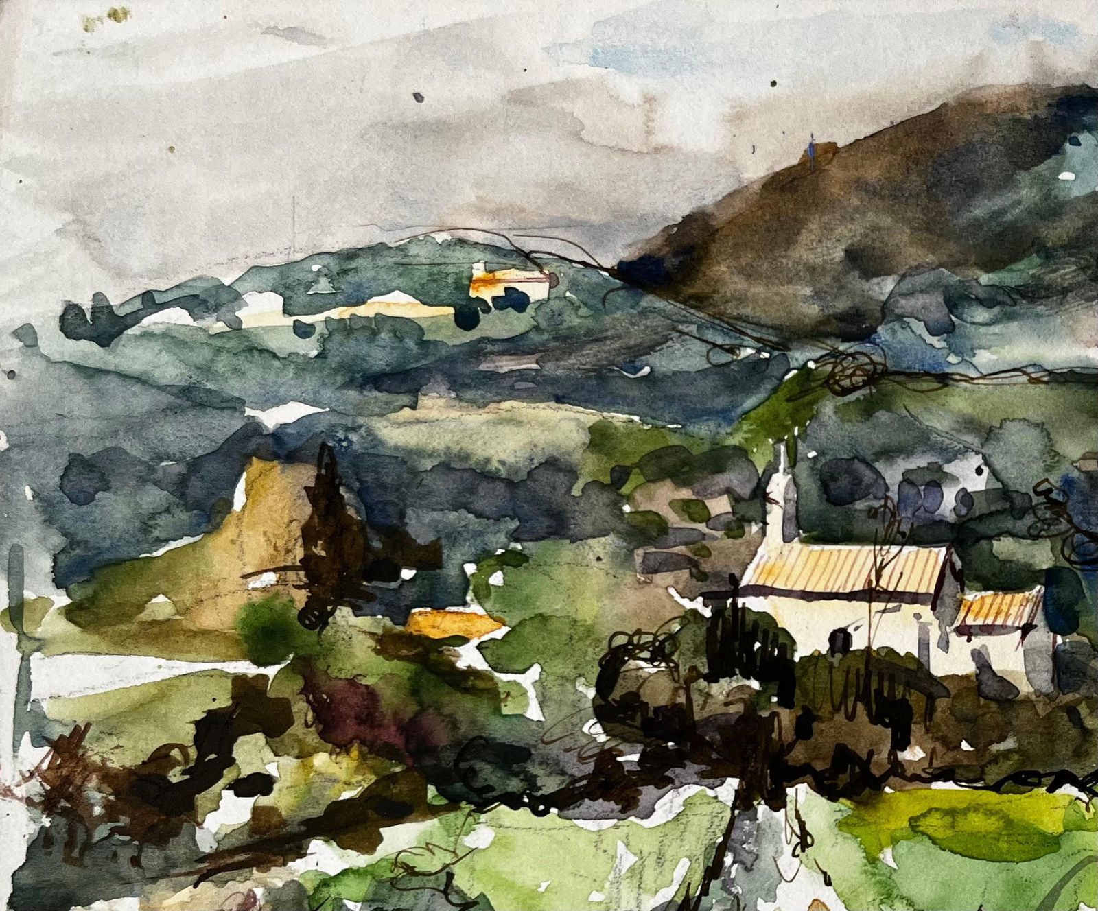 Pierre Neveufrench Countryside Watercolour Landscape With Distant Hill And Farmhouse photo 585.0