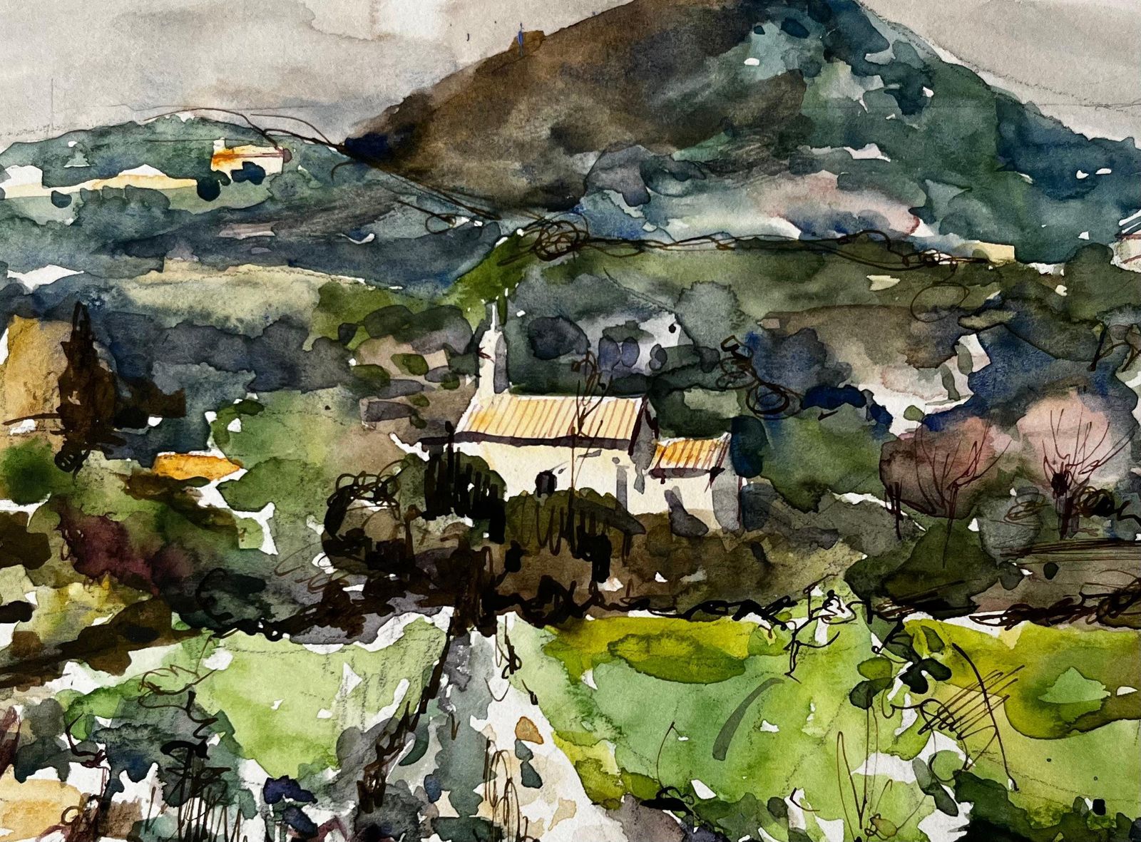Pierre Neveufrench Countryside Watercolour Landscape With Distant Hill And Farmhouse photo buy