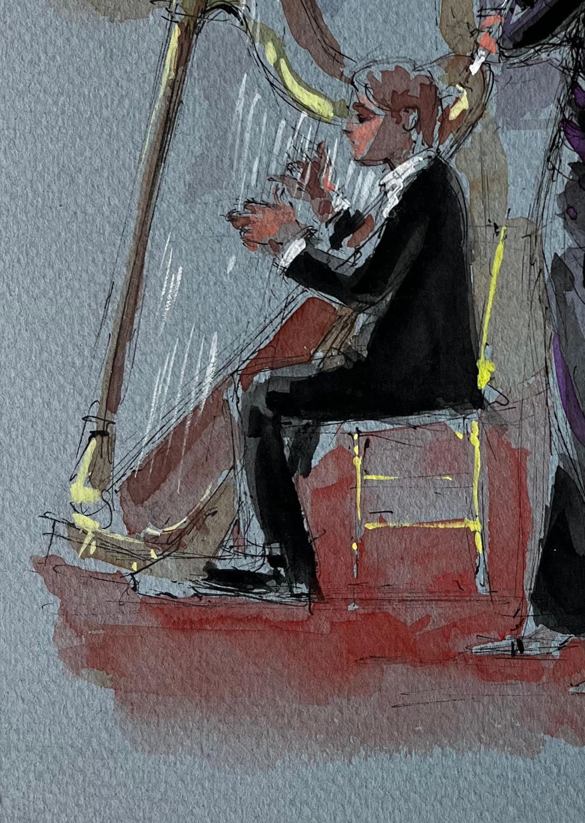 Pierre Neveuharpist And Flautist Performing By Pierre Neveu French Watercolour Music Scene photo vinterior