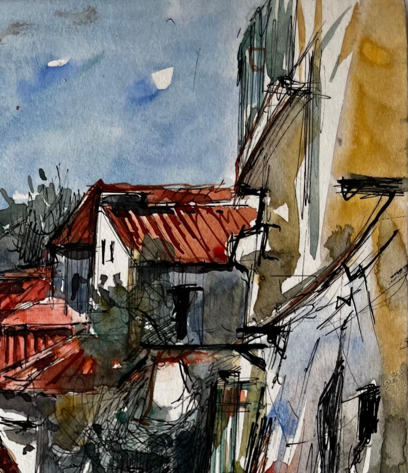 Pierre Neveusunlit Mediterranean Alleyway With Red Roofs Watercolour By Pierre Neveu photo for sale