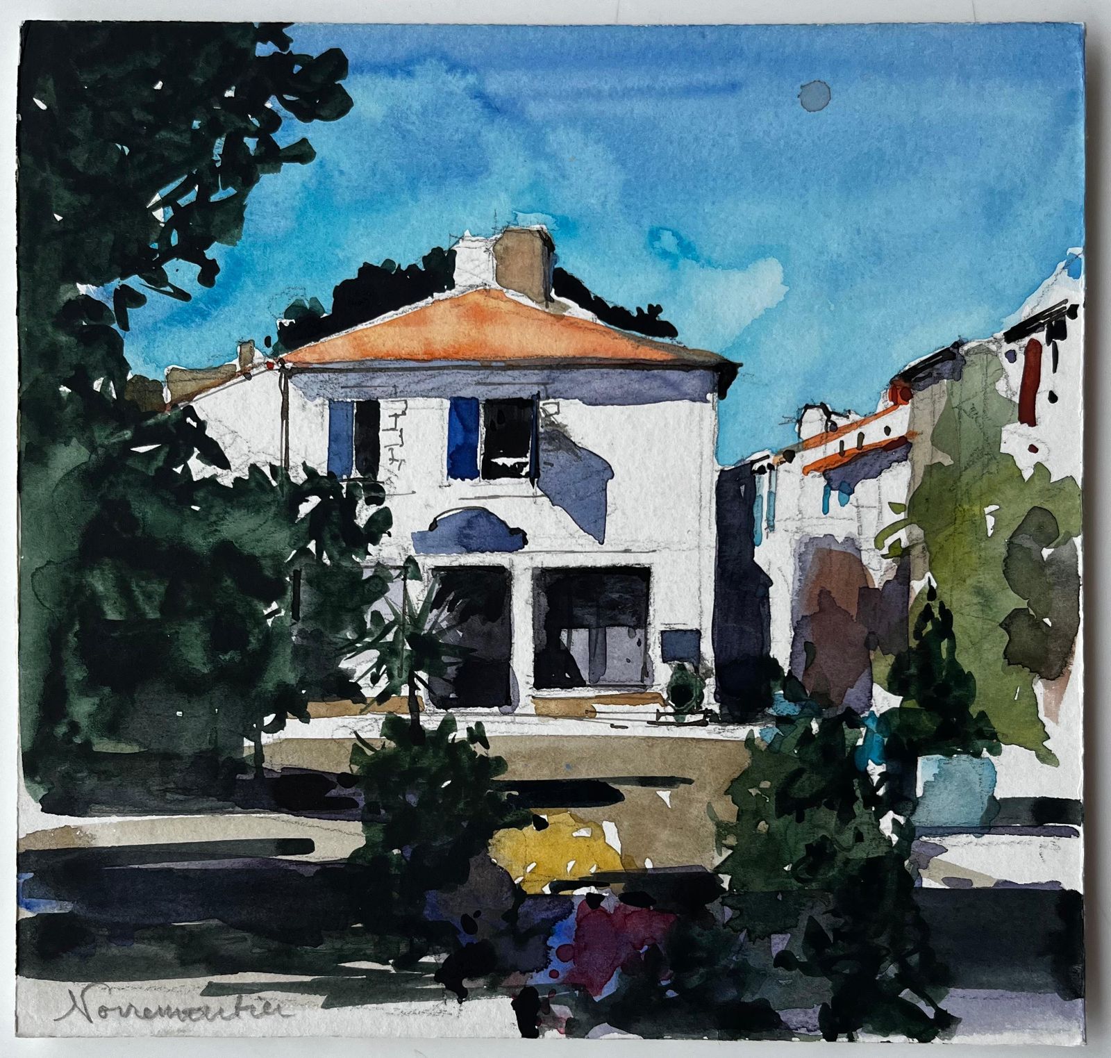 Pierre Neveunoirmoutier Village House French Coastal Landscape Watercolour Painting photo furniture