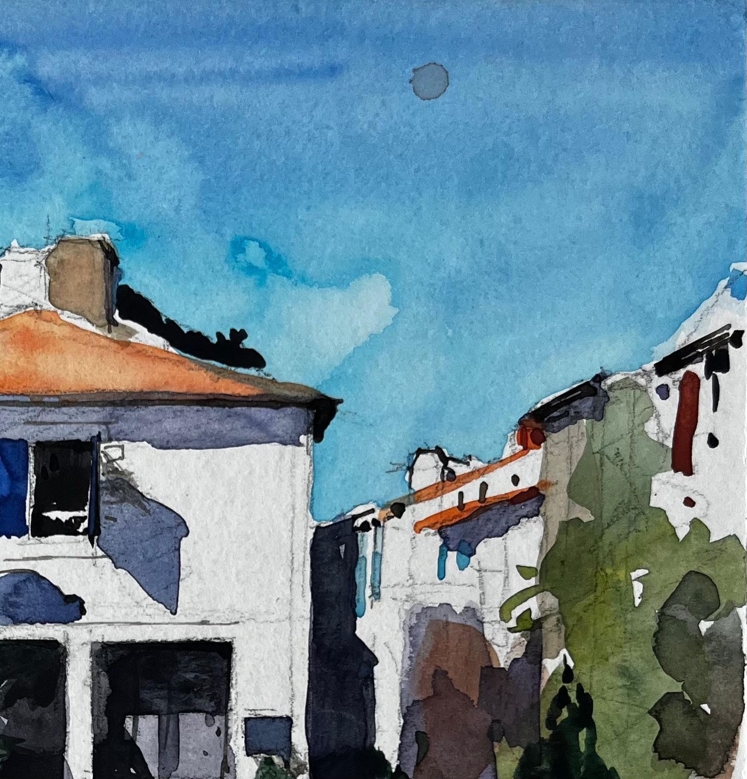 Pierre Neveunoirmoutier Village House French Coastal Landscape Watercolour Painting photo for sale