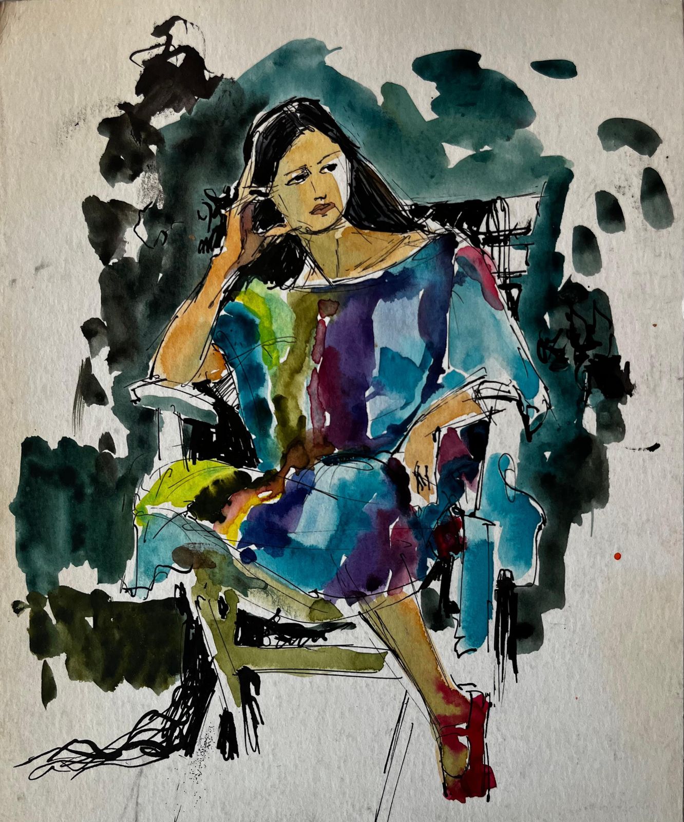 Pierre Neveuseated Woman In Colourful Dress By Pierre Neveu French Figurative Study