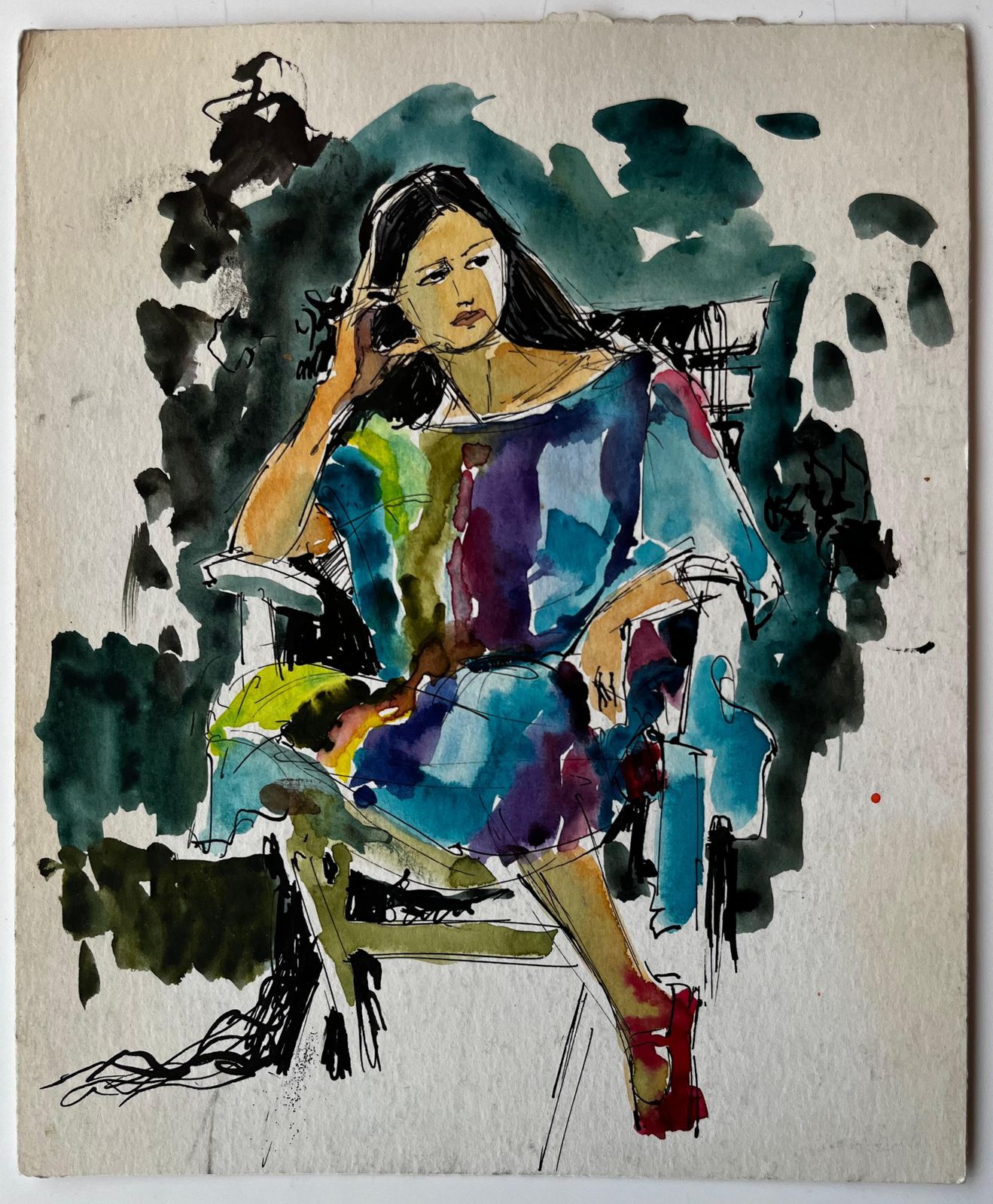 Pierre Neveuseated Woman In Colourful Dress By Pierre Neveu French Figurative Study photo furniture