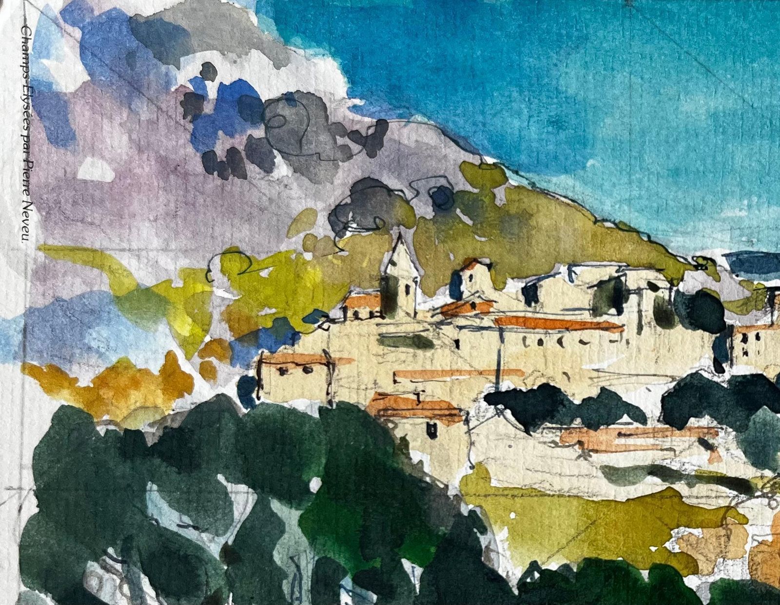 Pierre Neveugorbio Hilltop Village With Cypress Trees And Mediterranean Light Watercolour photo for sale
