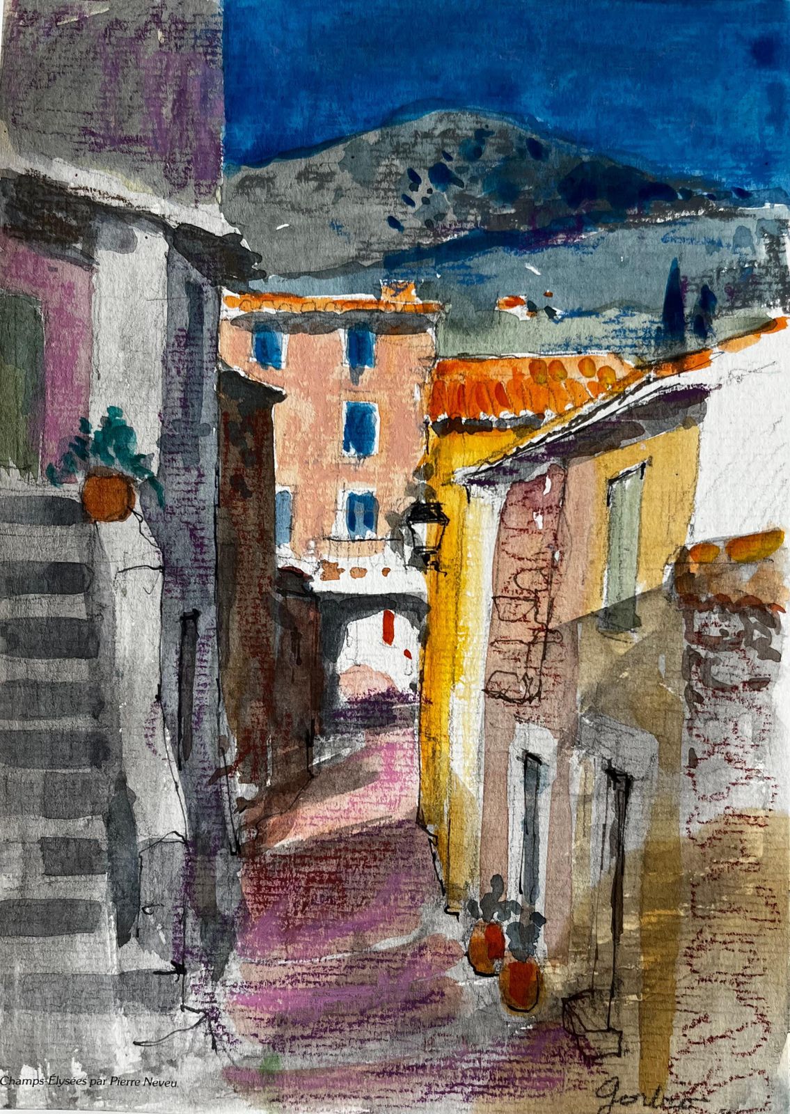 Pierre Neveusunlit Street In Gordes With Terracotta Roofs And Distant Hills Watercolour
