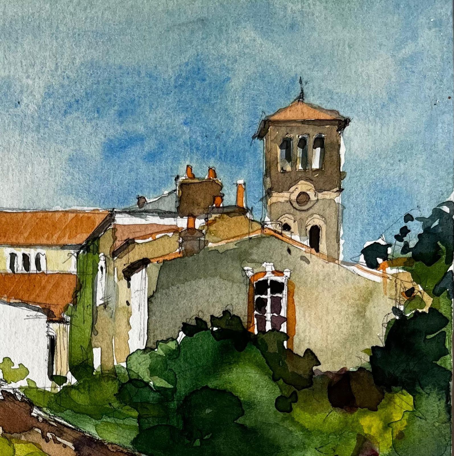 Pierre Neveufrench Hilltop Village And Church By Pierre Neveu Signed Watercolour Landscape photo for sale