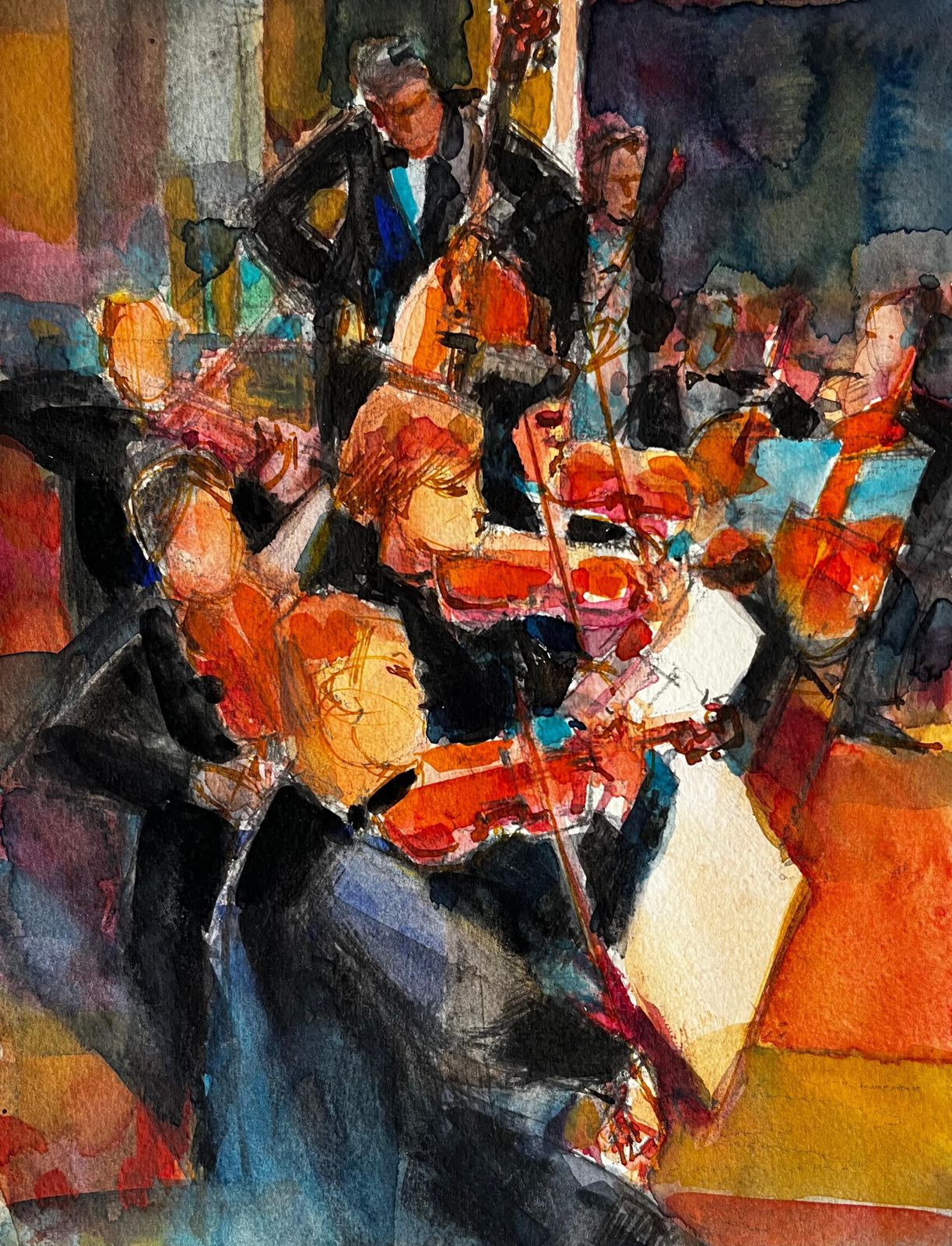 Pierre Neveuorchestra In Performance By Pierre Neveu French Watercolour Musician Scene