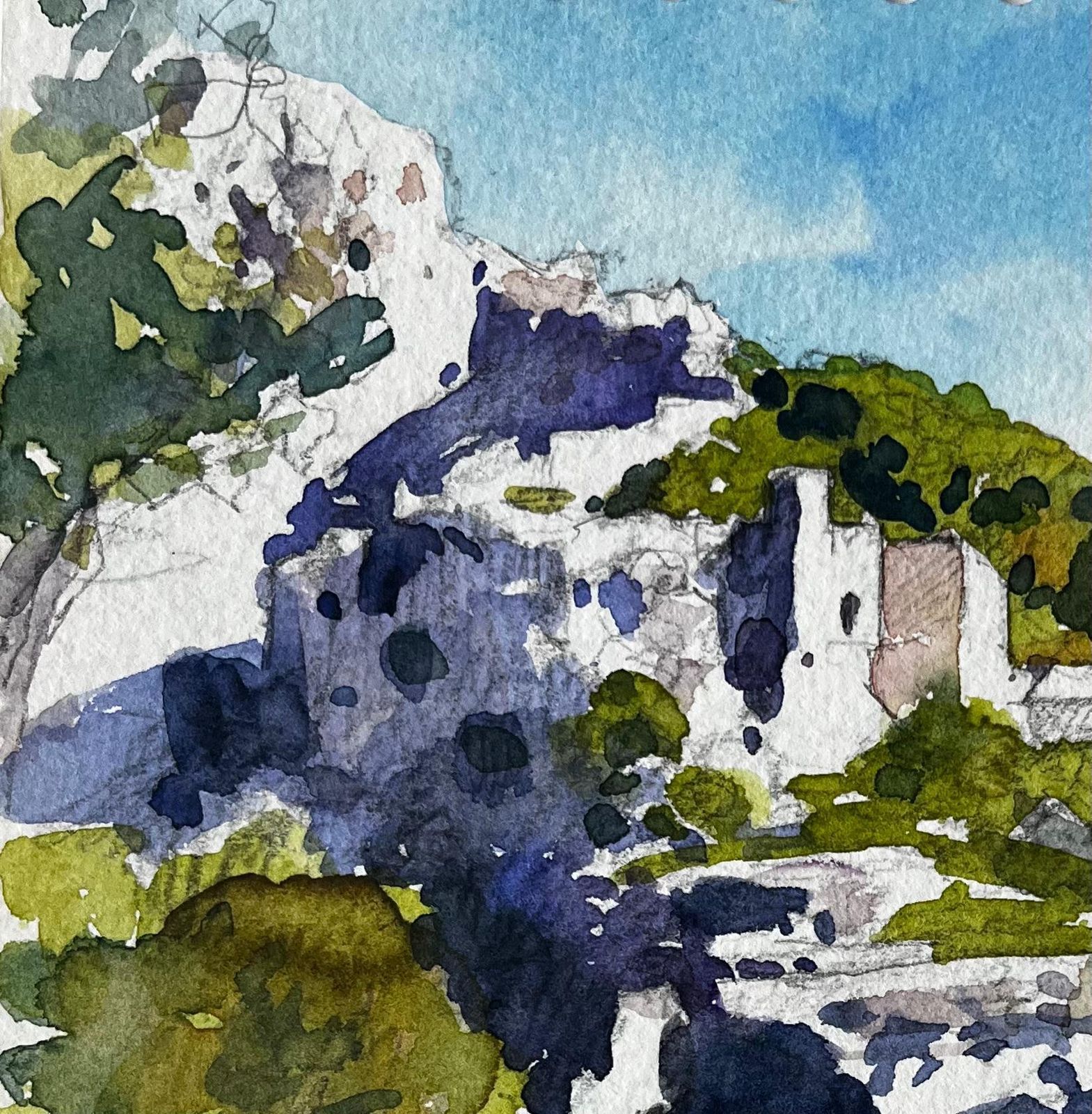Pierre Neveula Fontaine De Vaucluse Hillside Village French Landscape Watercolour Painting photo for sale