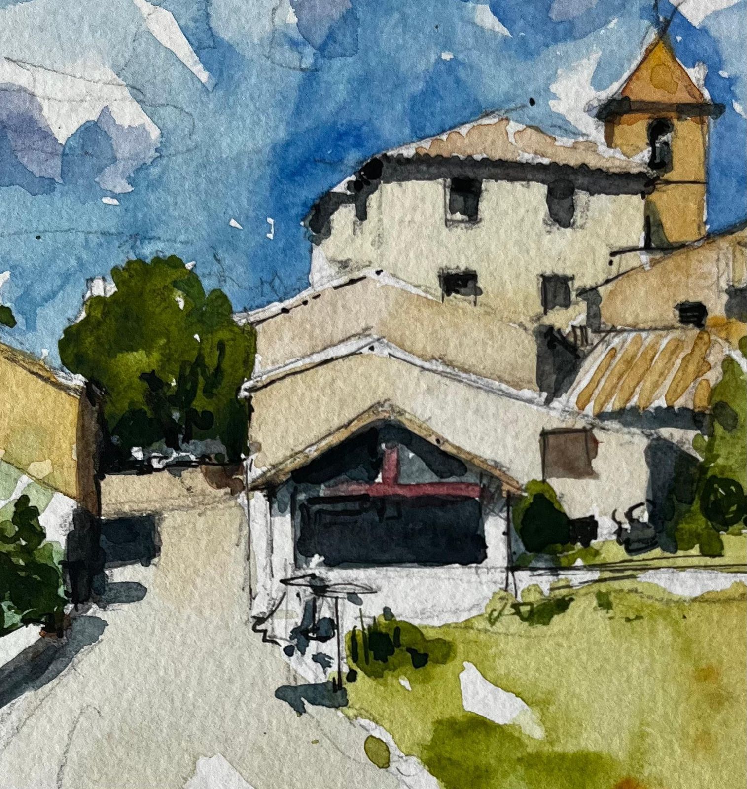 Pierre Neveula Roche D’ougla Village Street And Church French Countryside Watercolour photo buy