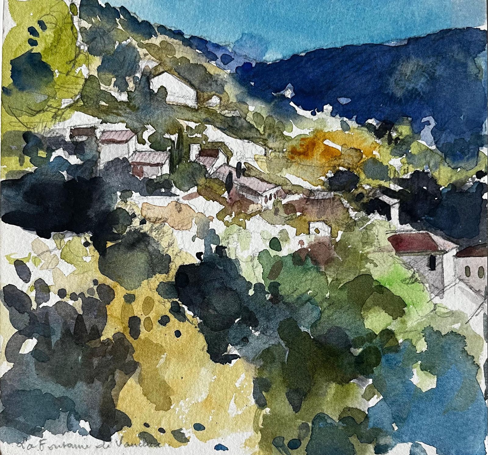 Pierre Neveula Fontaine De Vaucluse Hillside Village French Landscape Watercolour Painting