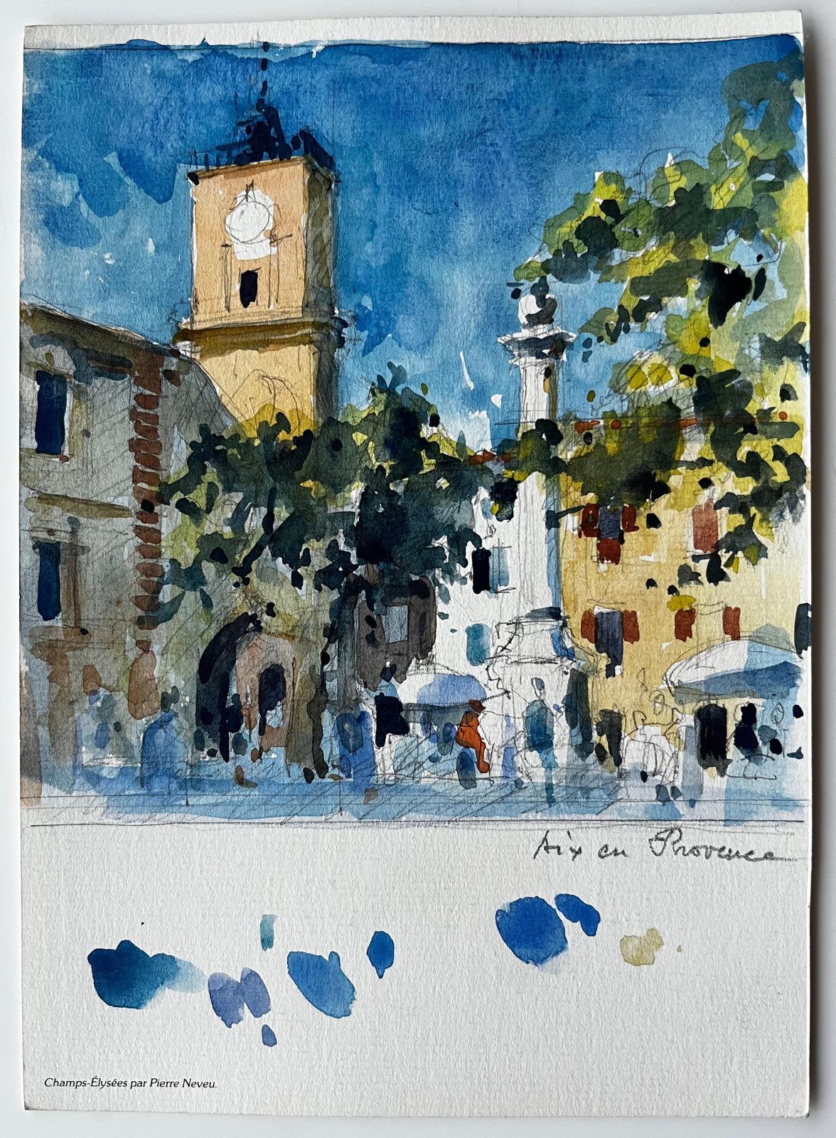 Pierre Neveuaix En Provence Town Square With Clock Tower And Market Umbrellas Watercolour photo furniture