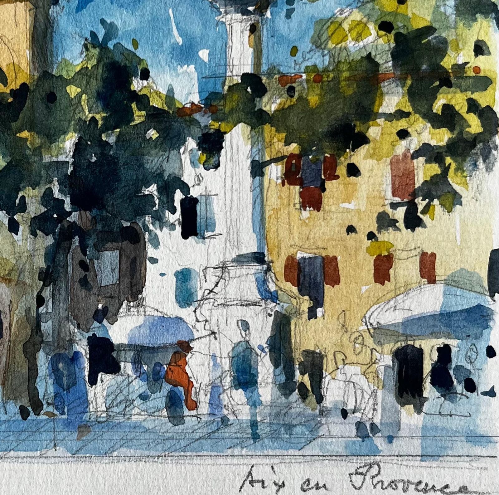 Pierre Neveuaix En Provence Town Square With Clock Tower And Market Umbrellas Watercolour photo for sale