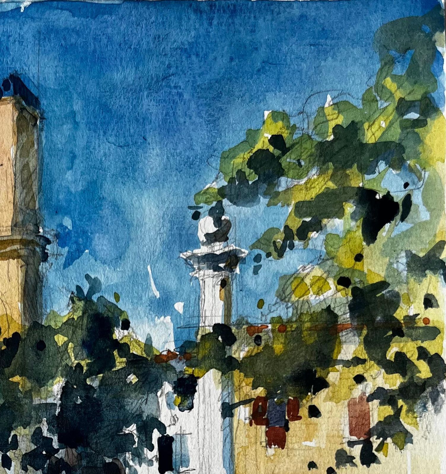 Pierre Neveuaix En Provence Town Square With Clock Tower And Market Umbrellas Watercolour photo Art
