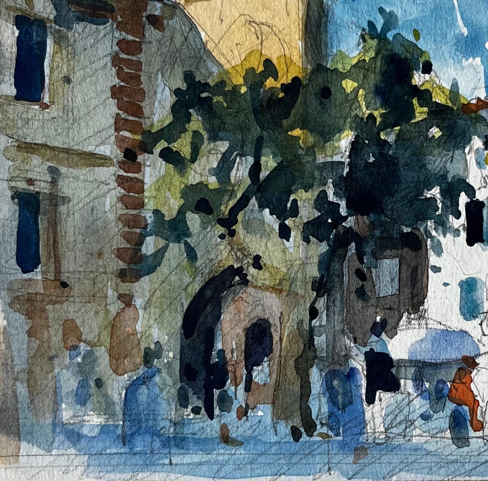 Pierre Neveuaix En Provence Town Square With Clock Tower And Market Umbrellas Watercolour photo vinterior