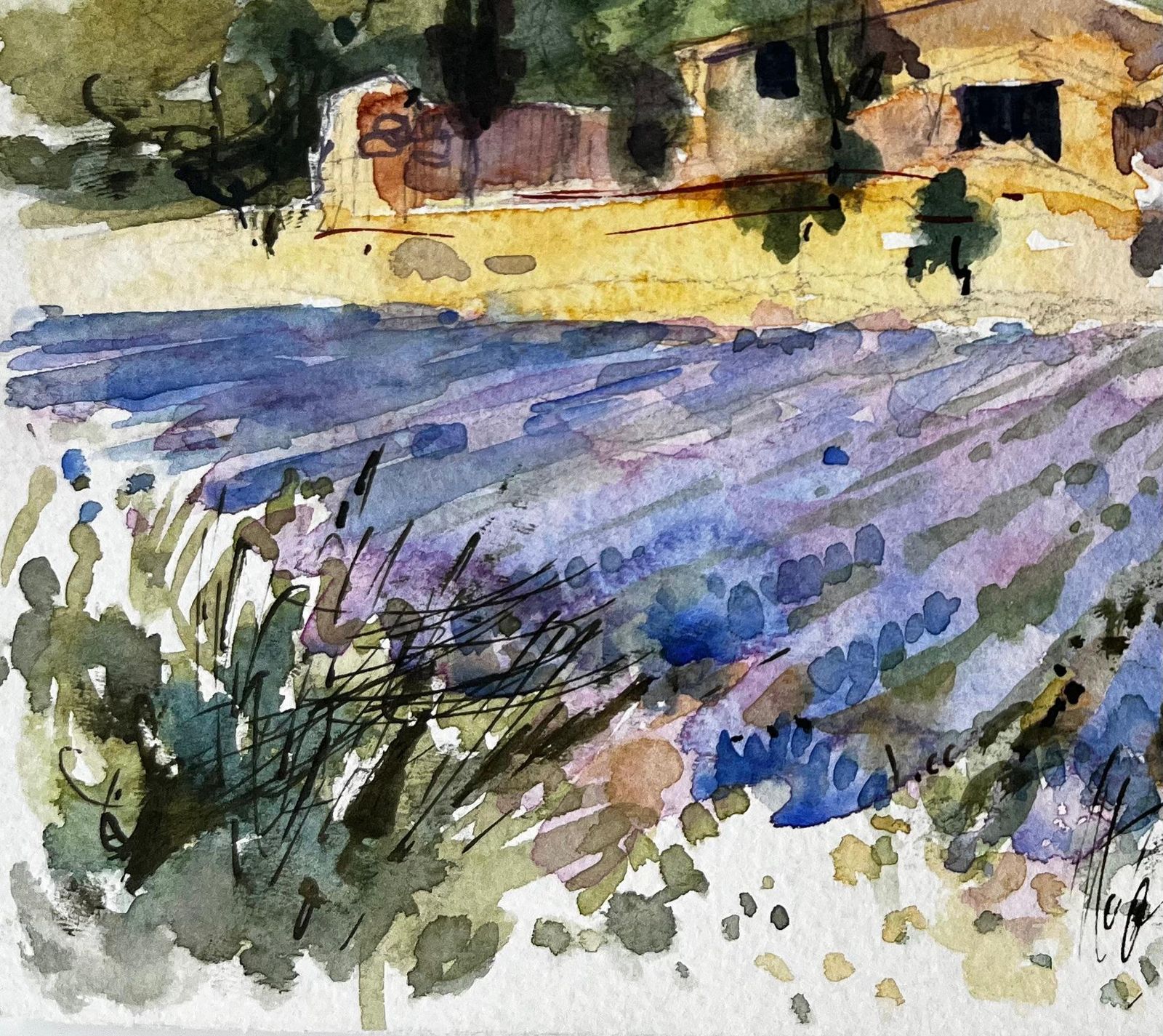 Pierre Neveuprovence Lavender Fields With Stone Farmhouse And Hills French Watercolour photo 544.0