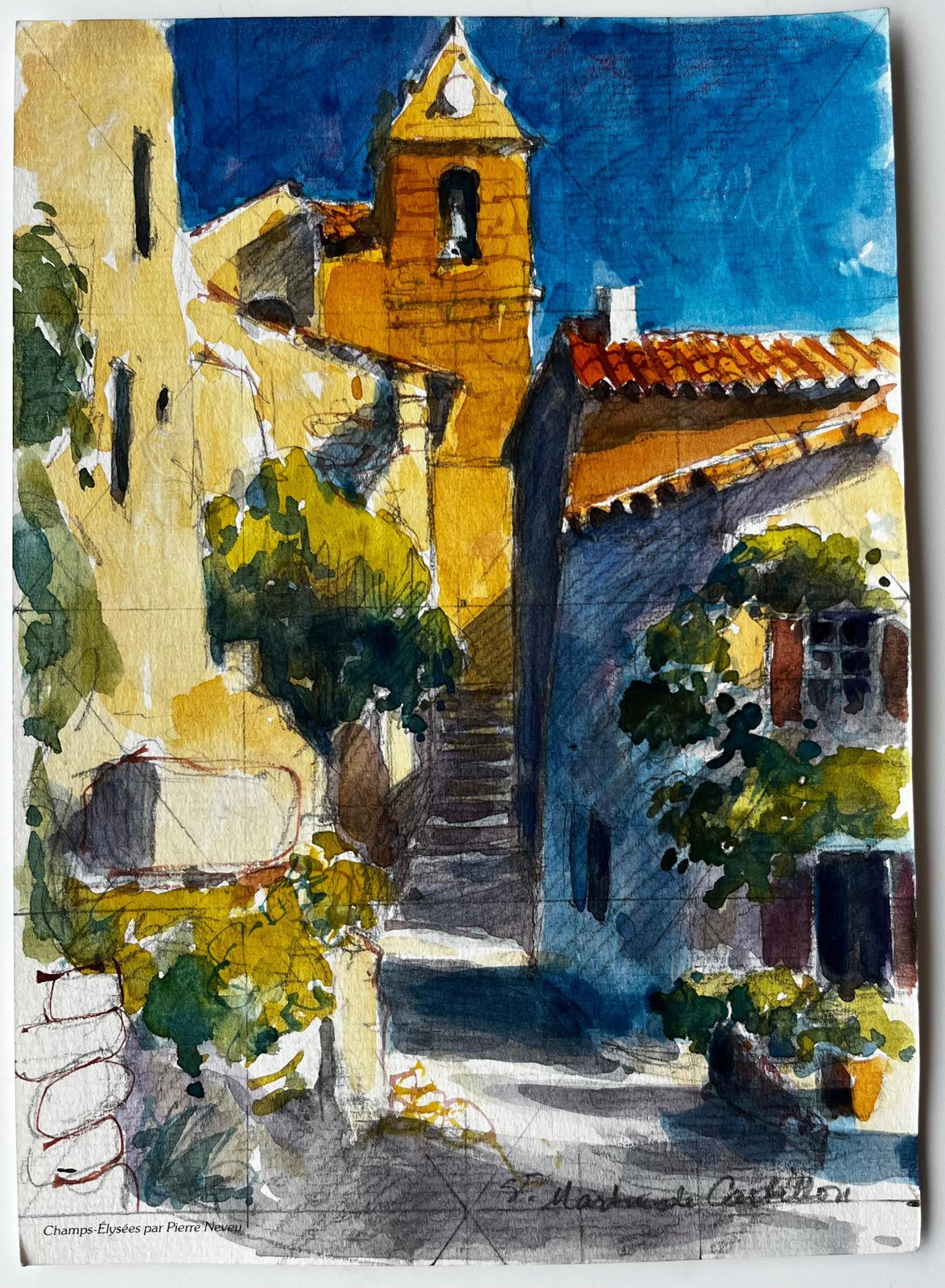 Pierre Neveusaint Marthe De Castillon Village Street With Bell Tower French Watercolour photo furniture