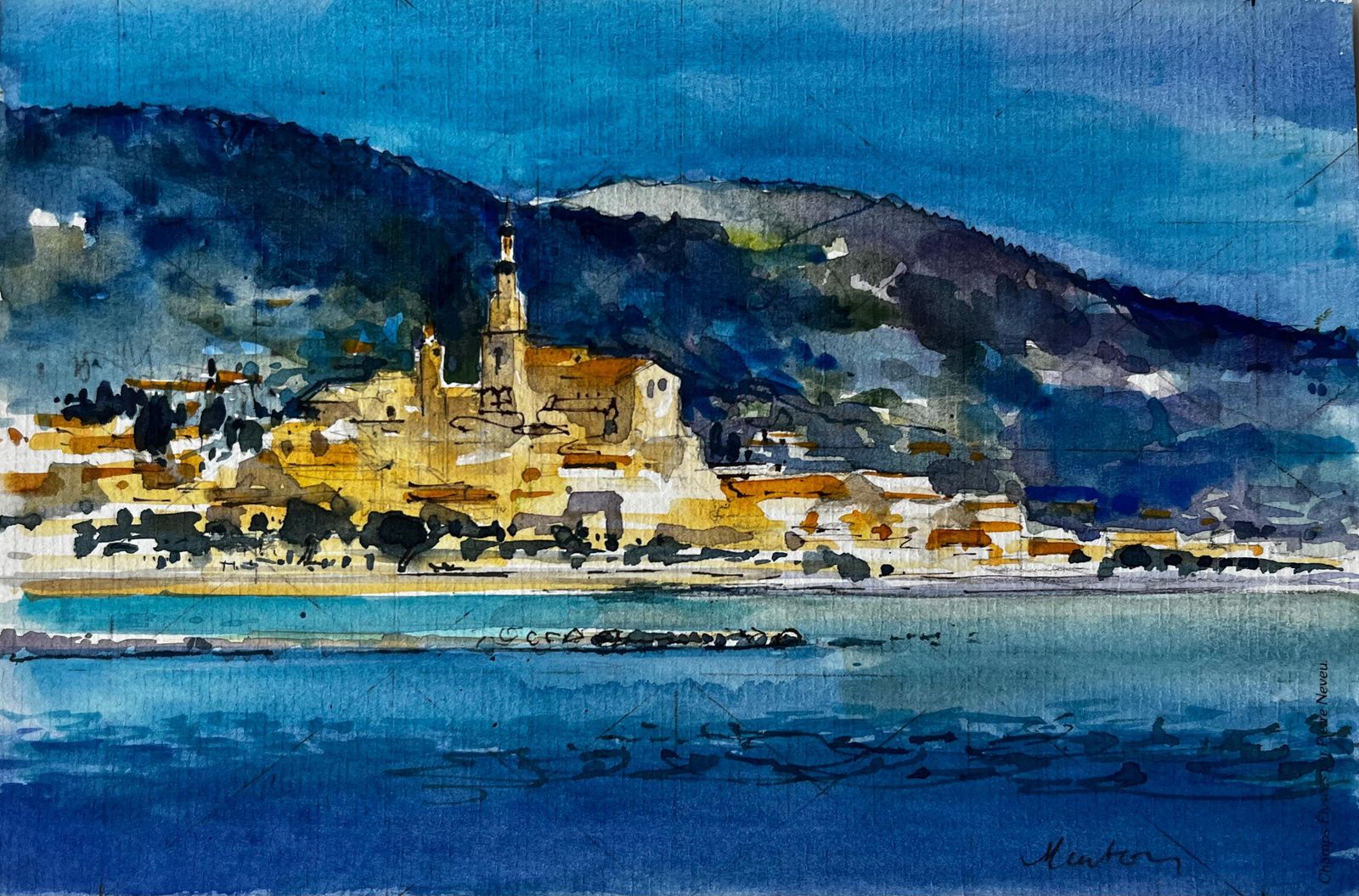 Pierre Neveumenton Coastal Townscape With Church Tower And Mediterranean Sea Watercolour