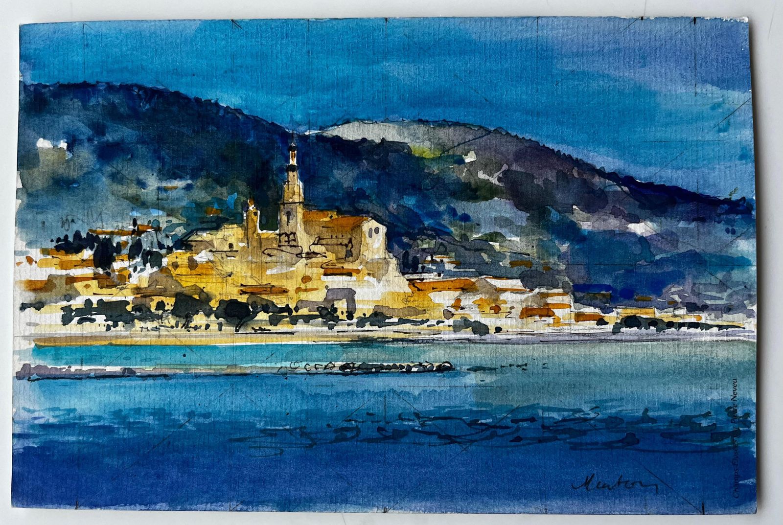 Pierre Neveumenton Coastal Townscape With Church Tower And Mediterranean Sea Watercolour photo furniture