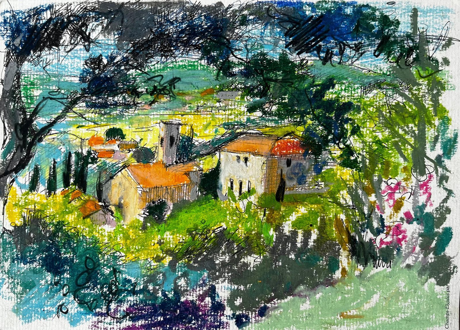 Pierre Neveuprovençal Village Landscape With Red Roofs And Cypress Trees Pastel Drawing