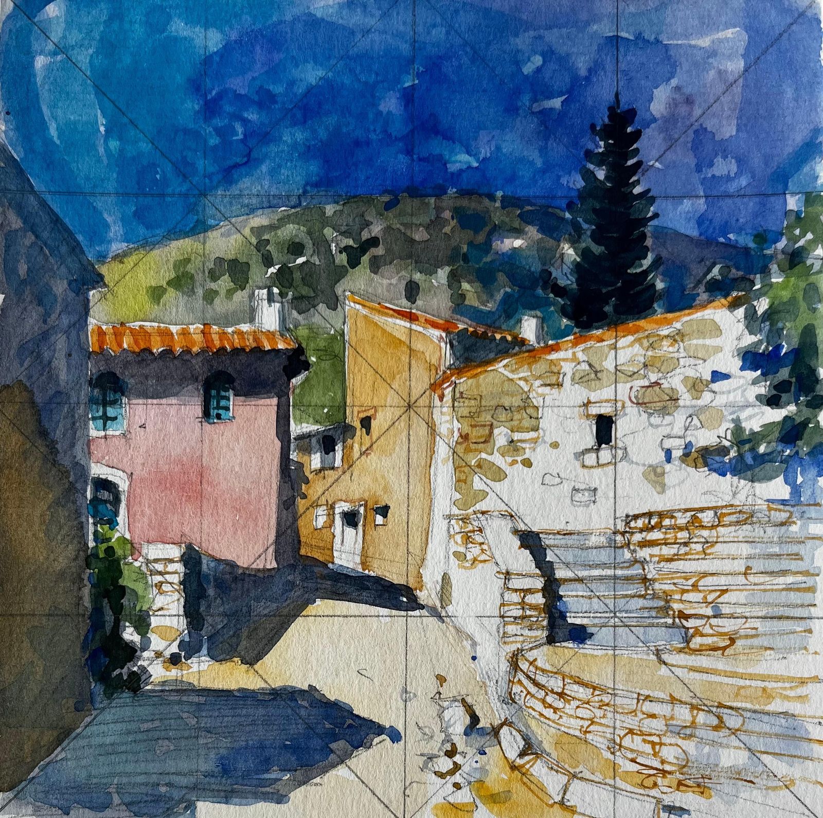 Pierre Neveurustrel Village Street With Stone Steps And Colourful Houses French Watercolour