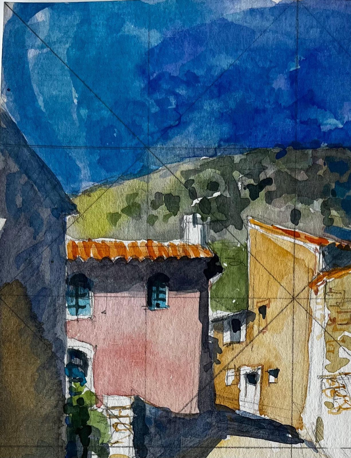 Pierre Neveurustrel Village Street With Stone Steps And Colourful Houses French Watercolour photo vinterior