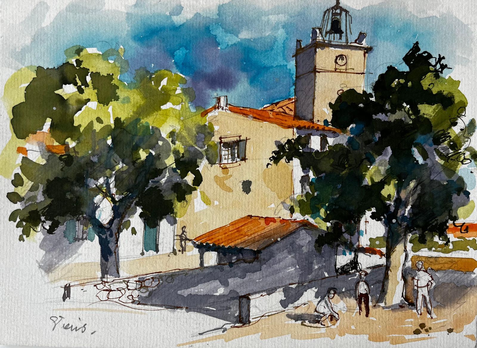 Pierre Neveuprovence Village Square With Bell Tower And Figures French Watercolour Painting