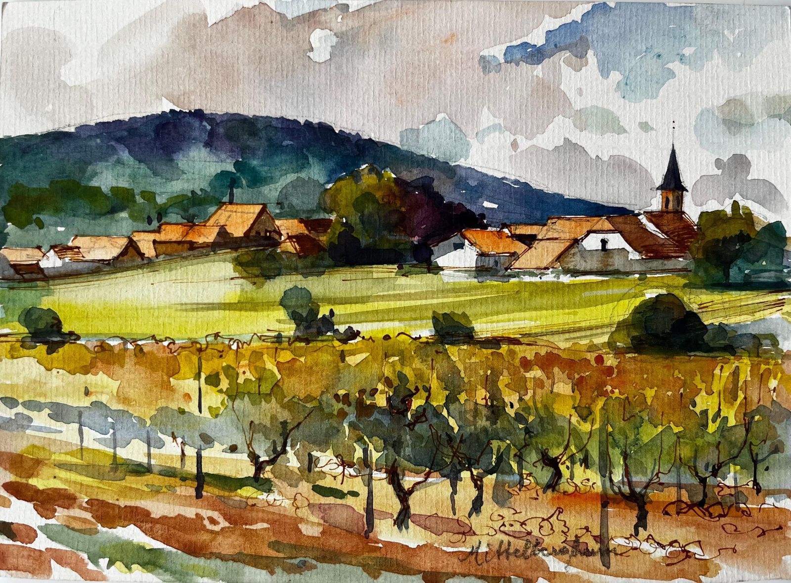 Pierre Neveumittelbergheim Vineyard And Village Landscape Alsace French Watercolour