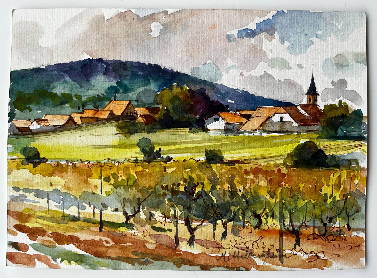 Pierre Neveumittelbergheim Vineyard And Village Landscape Alsace French Watercolour photo furniture