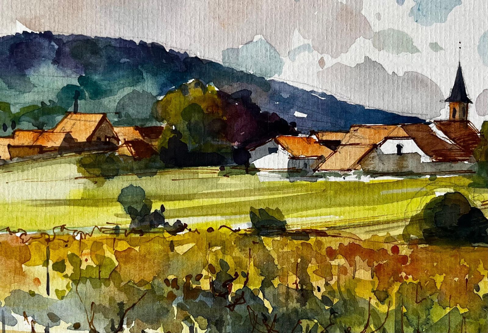 Pierre Neveumittelbergheim Vineyard And Village Landscape Alsace French Watercolour photo buy