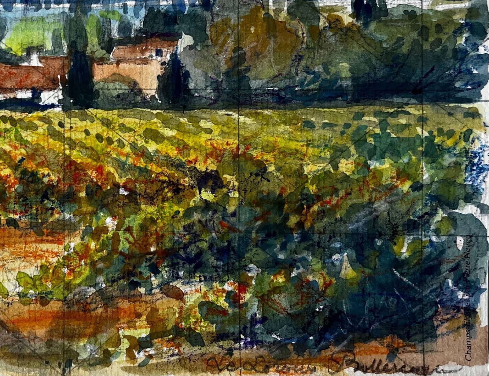 Pierre Neveuvaucluse Vineyard Landscape With Terracotta Farmhouses French Watercolour photo for sale
