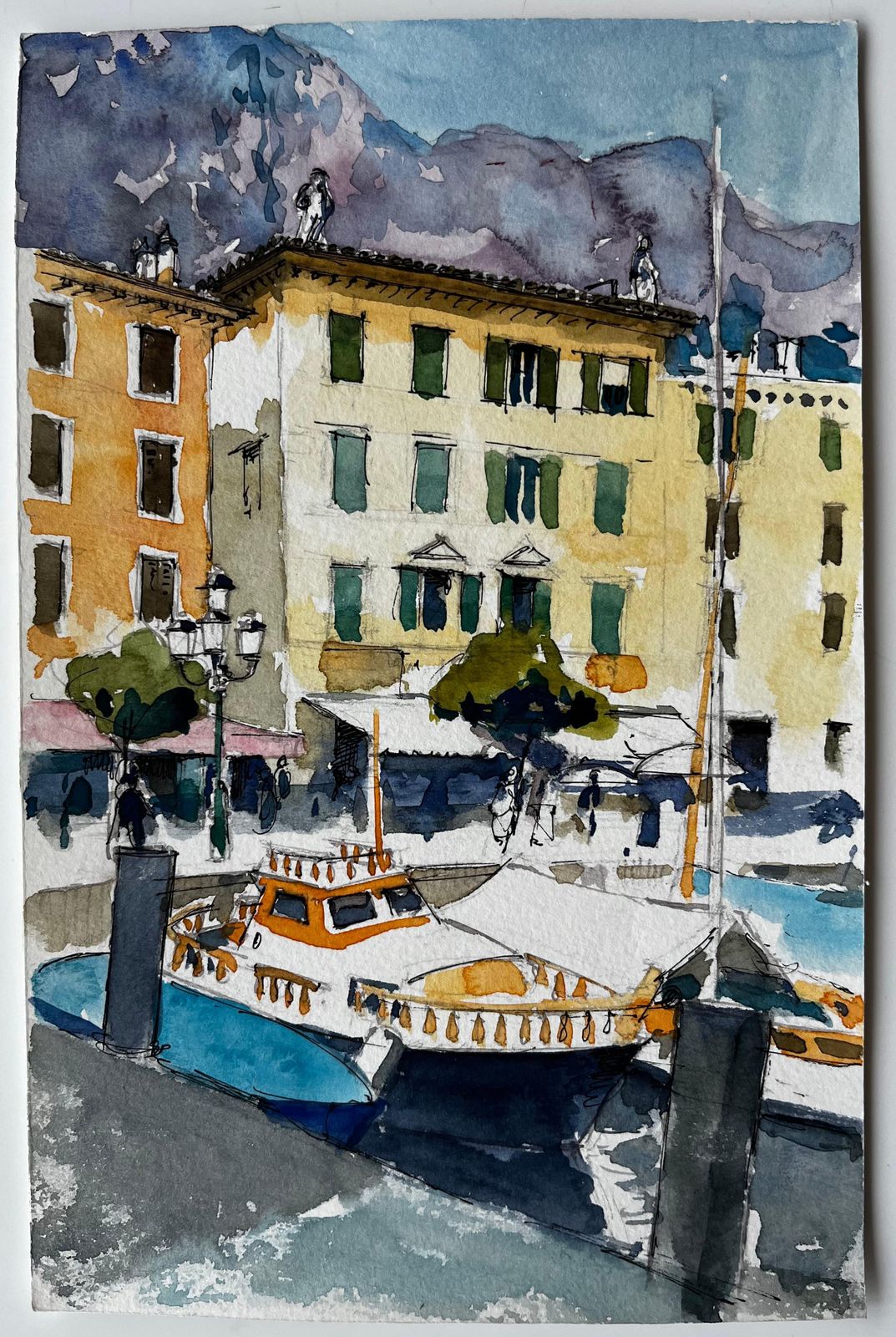 Pierre Neveuharbourfront With Yellow Facades And Moored Boat Italian Riviera Watercolour photo furniture