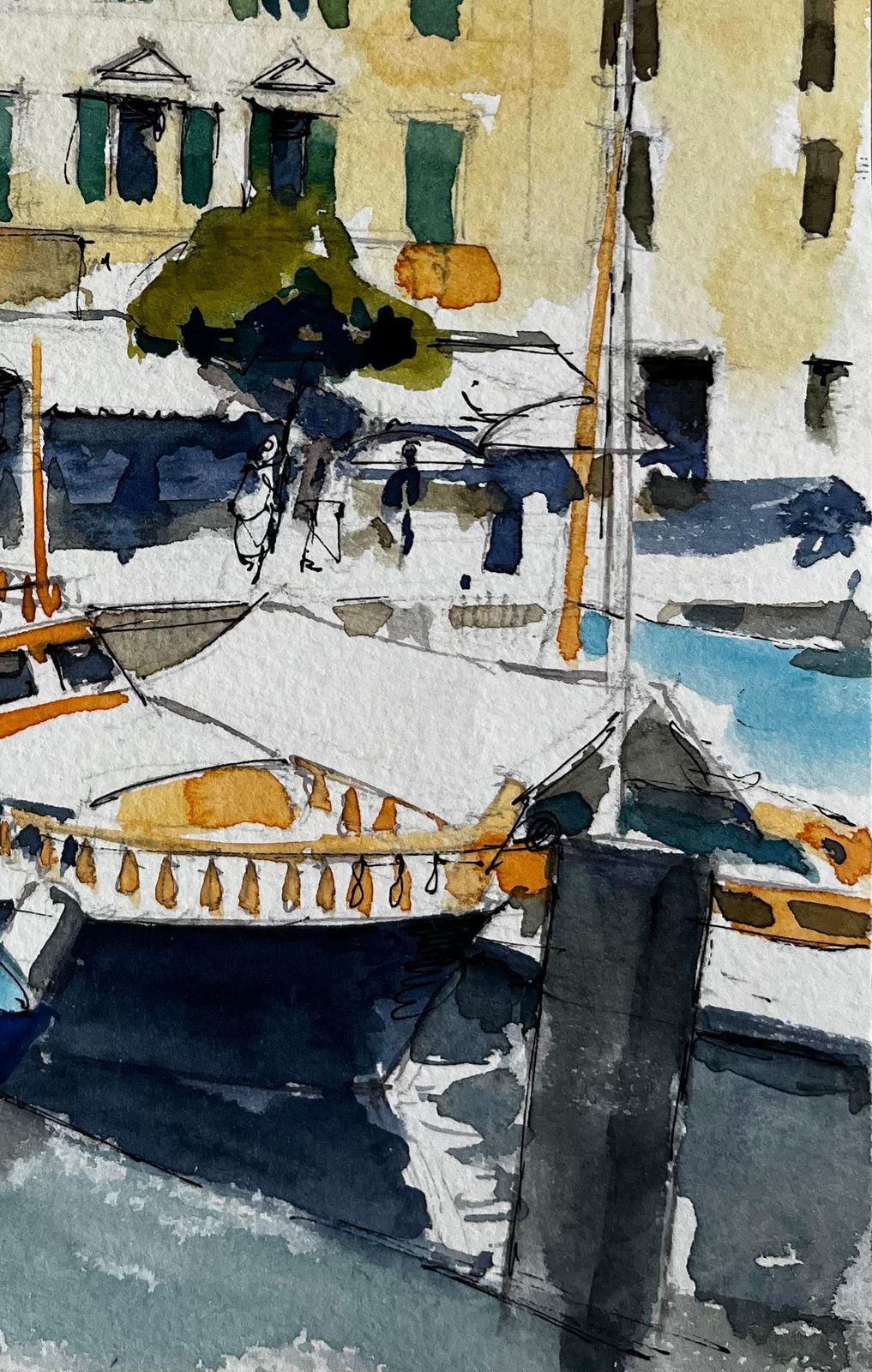 Pierre Neveuharbourfront With Yellow Facades And Moored Boat Italian Riviera Watercolour photo 606.0