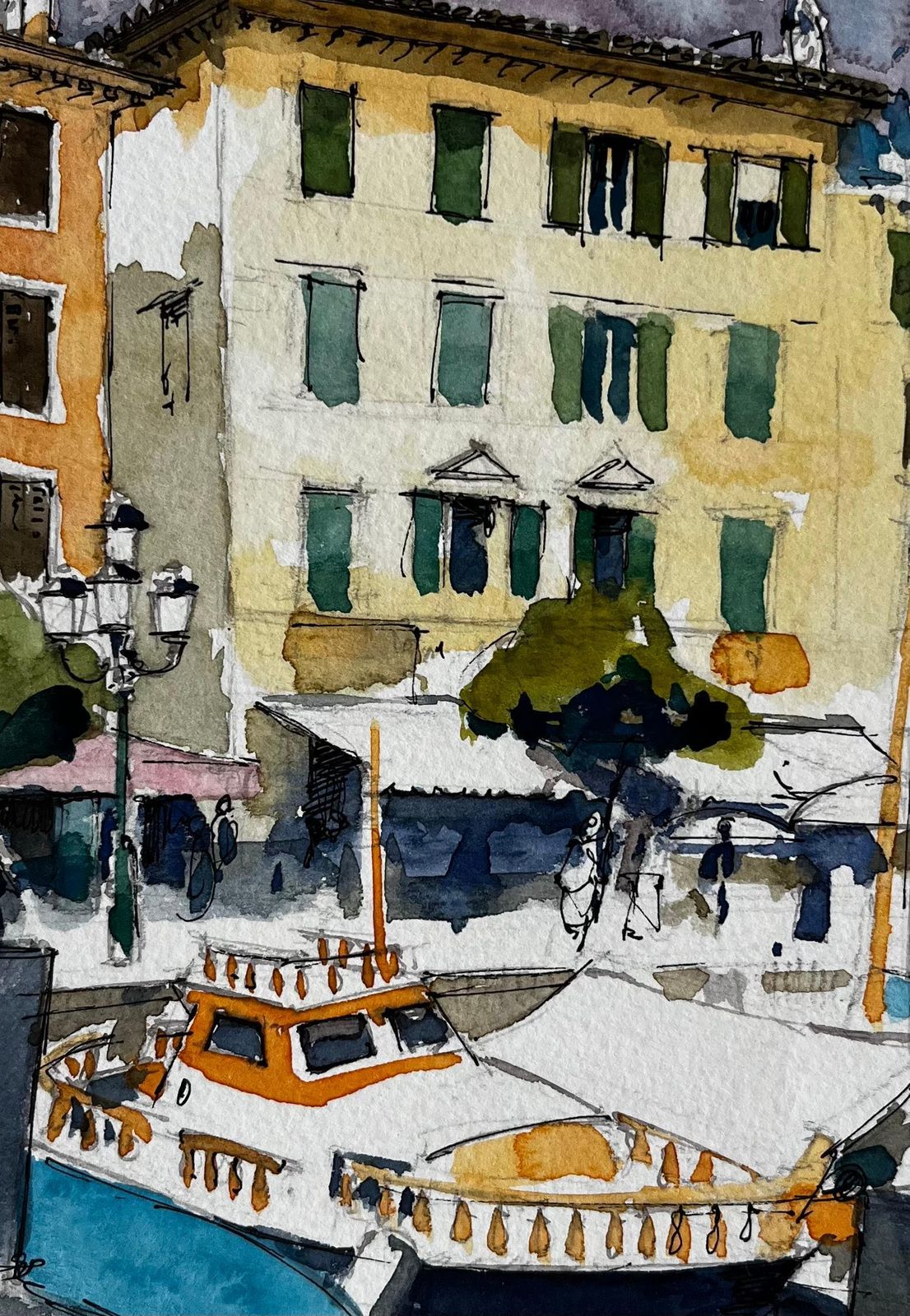 Pierre Neveuharbourfront With Yellow Facades And Moored Boat Italian Riviera Watercolour photo buy