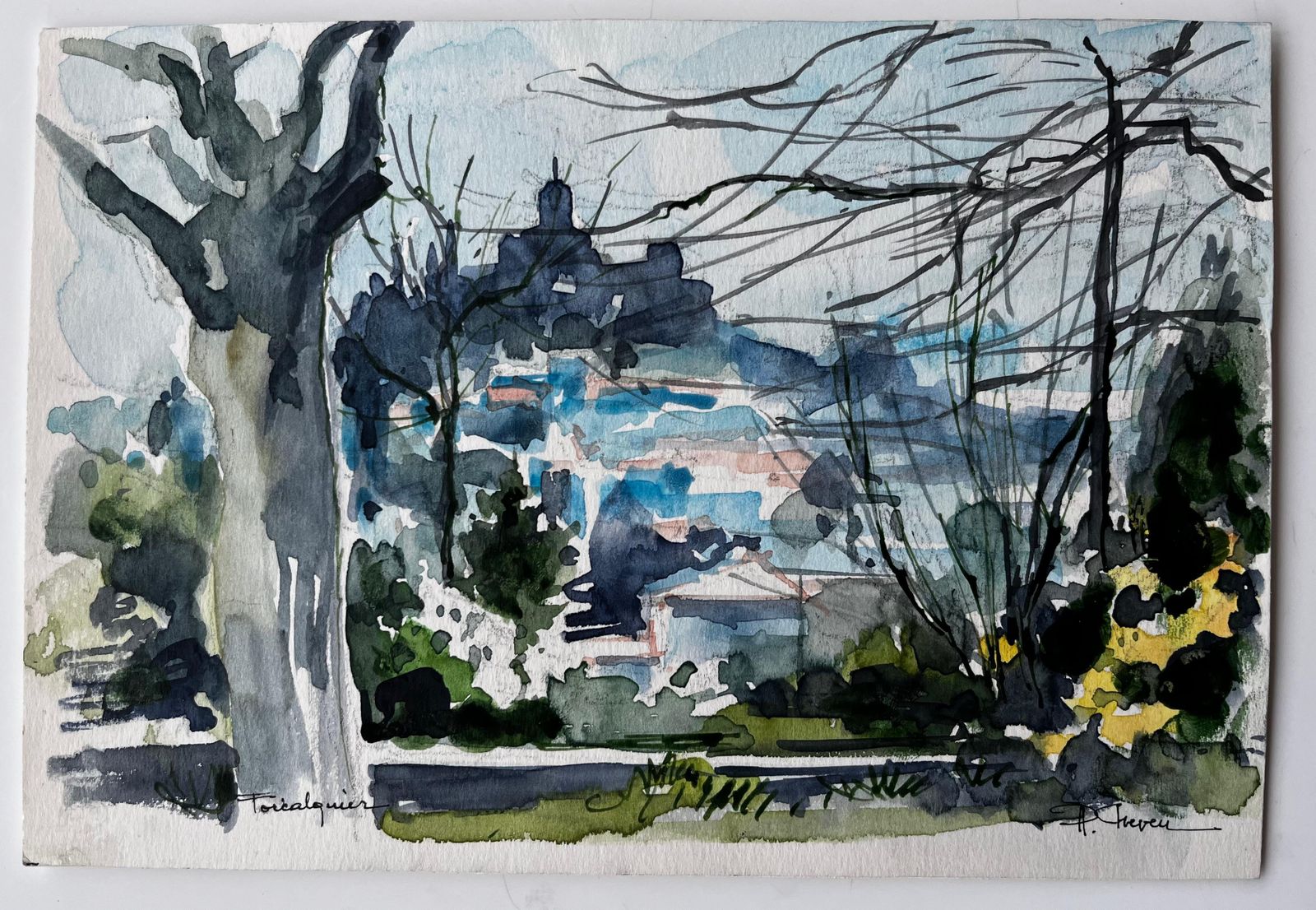 Pierre Neveuforcalquier Landscape With Trees And Distant Hilltop Village French Watercolour photo furniture