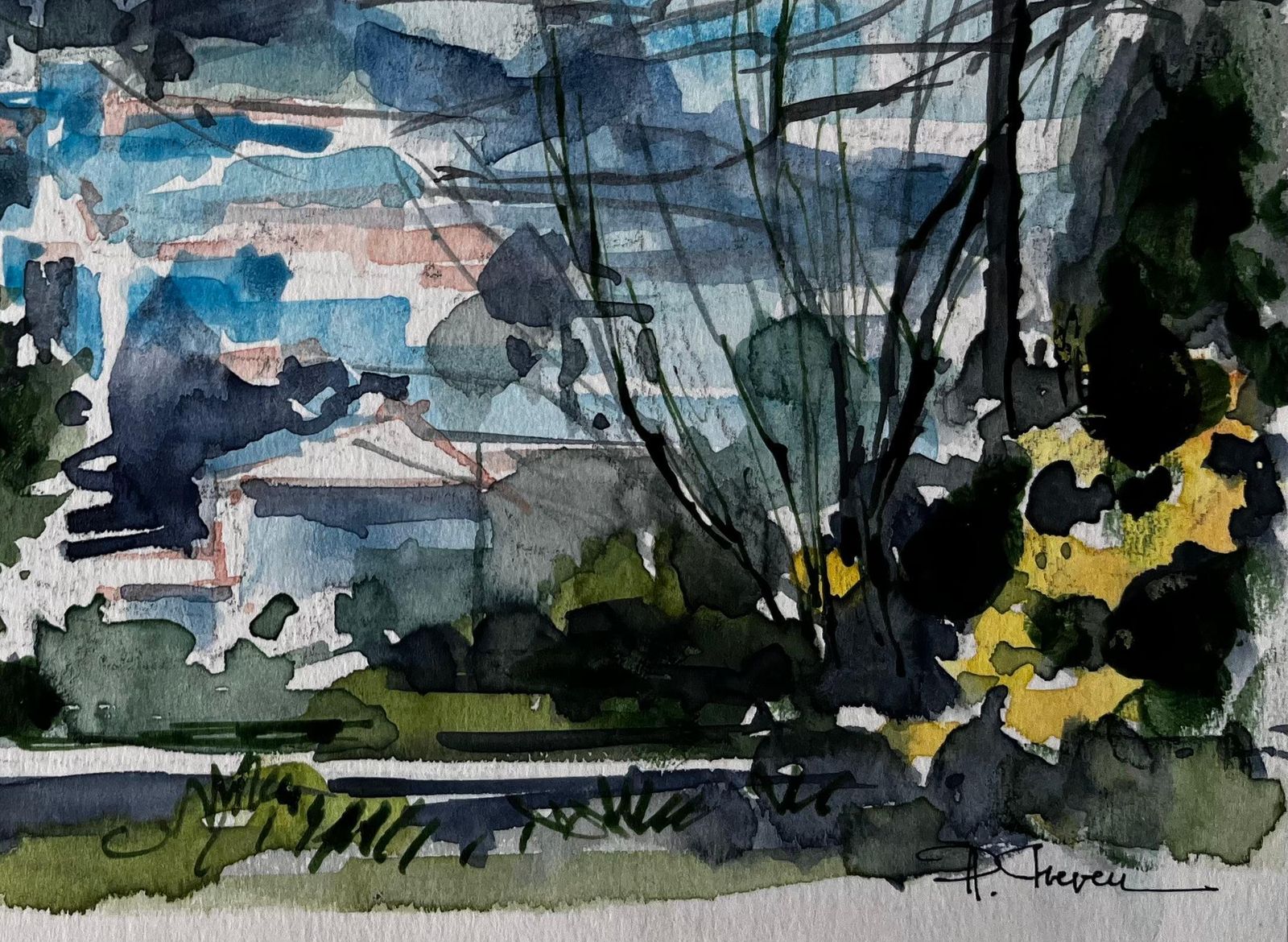 Pierre Neveuforcalquier Landscape With Trees And Distant Hilltop Village French Watercolour photo 475.0